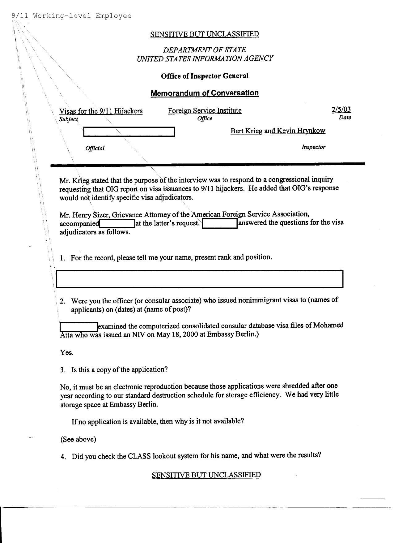T5 B51 Hijacker Primary Docs- AA 11 1 of 3 Fdr- Atta Tab- 2-5-03 Memo- DOS IG Interview Officer Issued Visa to Mohammed Atta 370 by Unknown