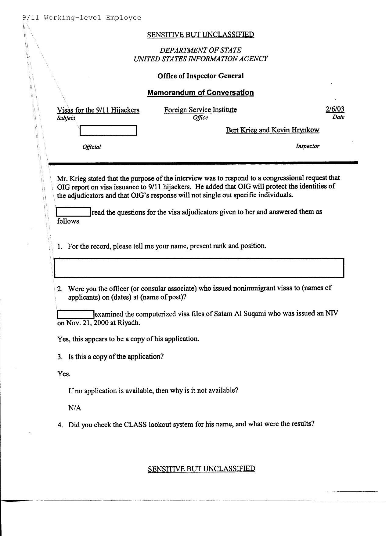 T5 B51 Hijacker Primary Docs- AA 11 2 of 3 Fdr- Suqami Tab- 2-6-03 Memo- DOS IG Interview Officer Issued Visa to Satam Al Suqami 377 by Unknown