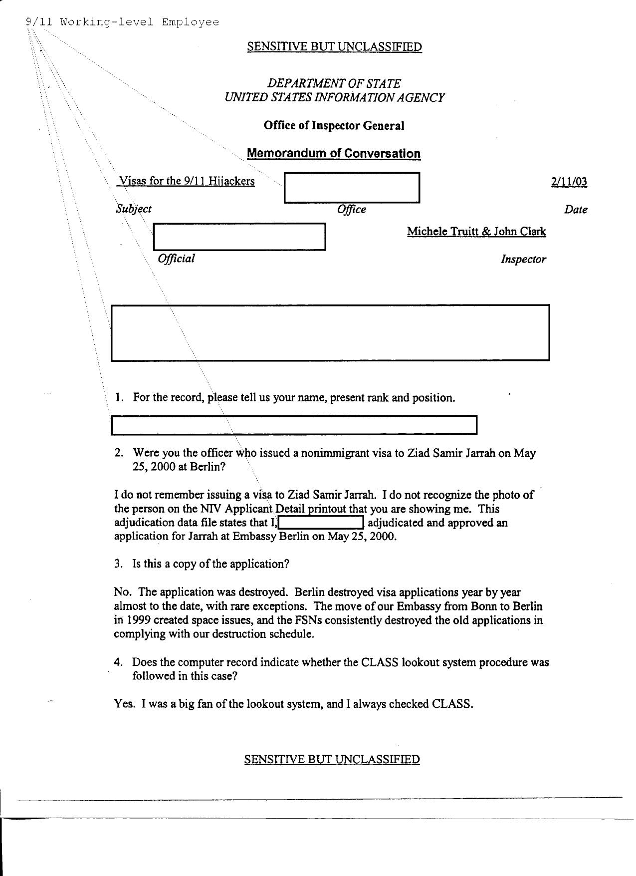 T5 B51 Hijacker Primary Docs- UA 93 1 of 2 Fdr- Jarrah Tab- 2-11-03 Memo- DOS IG Interview Officer Issued Visa to Ziad Jarrah 388 by Unknown
