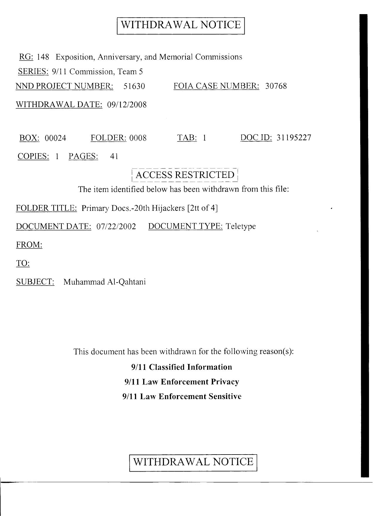 T5 B57 T Eldrige Primary Docs 20th Hijackers 2 of 4 Fdr- 9 Withdrawal Notice- Muahammad Al-Qahtani- Telegram- Teletype and Interview Summary by Unknown