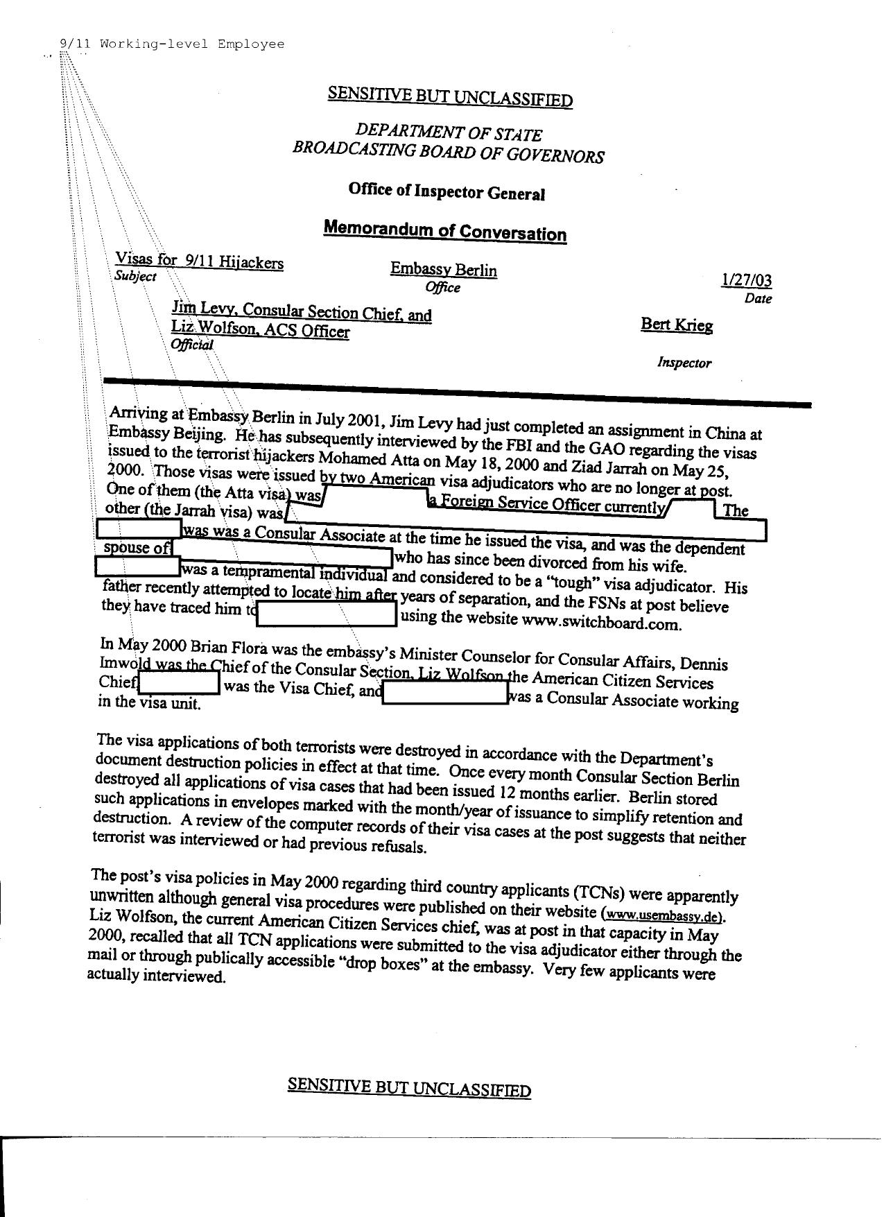 T5 B63 IG Materials 2 of 3 Fdr- 1-27-03 DOS IG Krieg Interview of Redacted- Official at Berlin 480 by Unknown