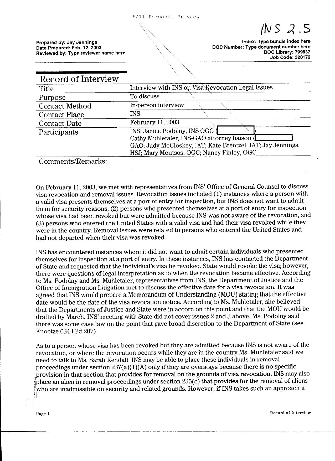T5 B64 GAO Visa Docs 1 of 6 Fdr- 2-12-03 GAO Interview re INS Legal Issues re Visa Revocation 515 by Unknown