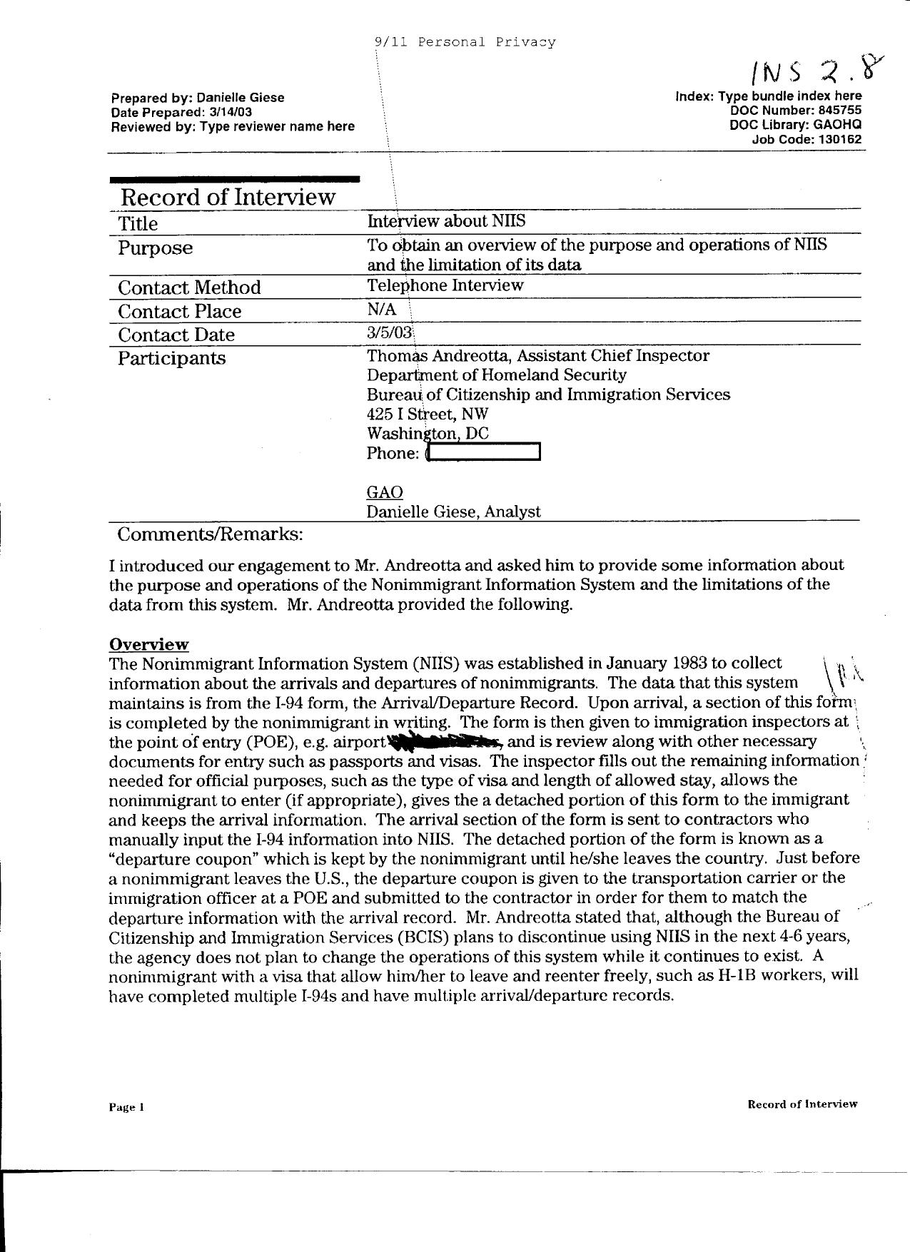 T5 B64 GAO Visa Docs 1 of 6 Fdr- 3-14-03 GAO Interview re NIIS Purpose- Operations- Limitations 517 by Unknown