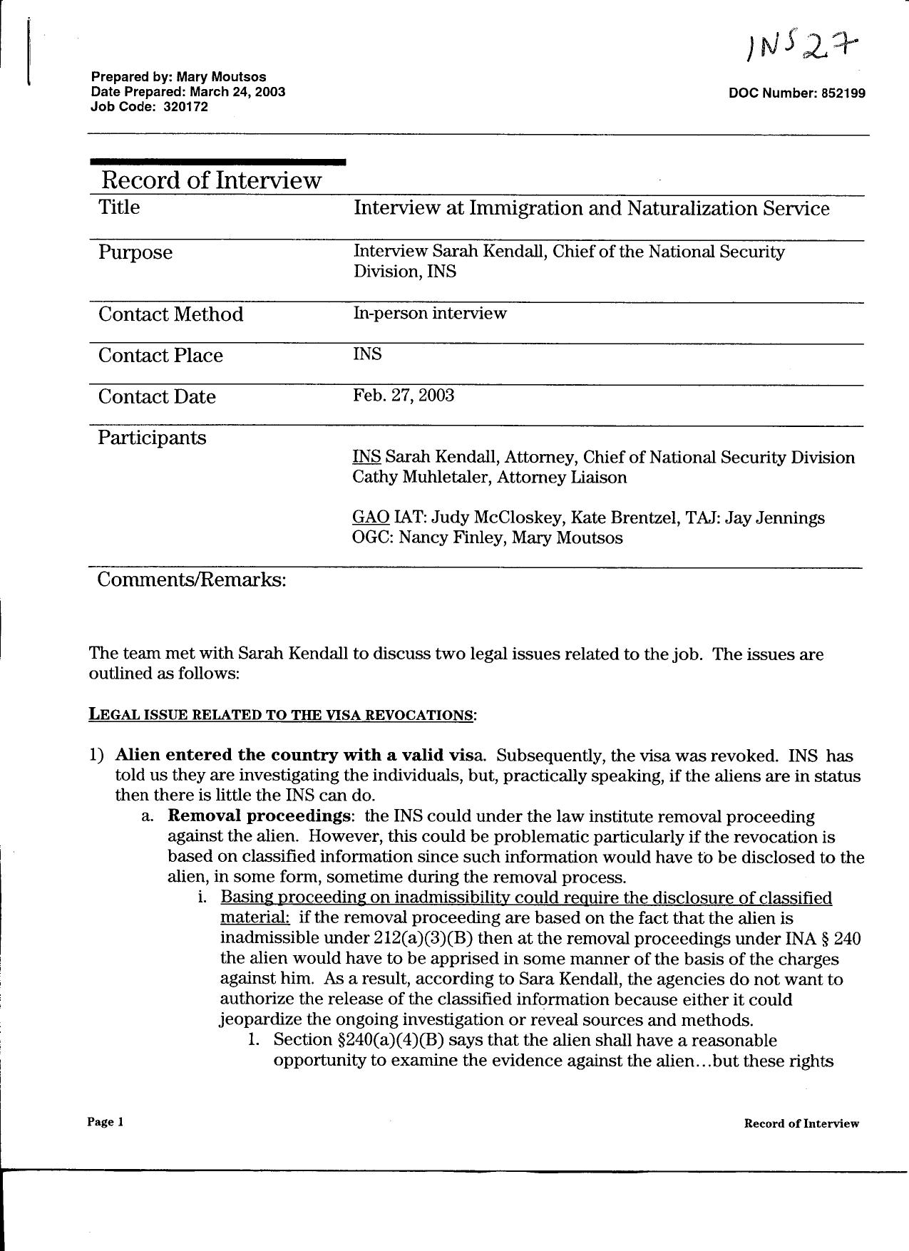 T5 B64 GAO Visa Docs 1 of 6 Fdr- 3-24-03 GAO Interview of INS-Sarah Kendall re Legal Issues and Visa Revocation 516 by Unknown