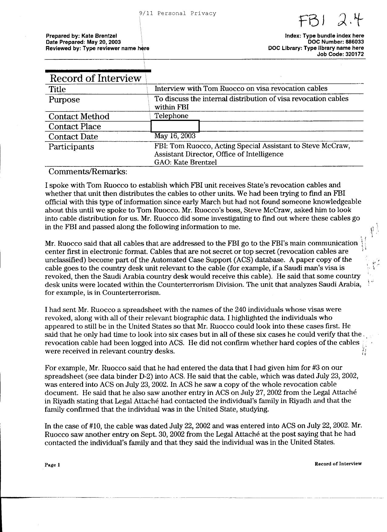 T5 B64 GAO Visa Docs 1 of 6 Fdr- 5-16-03 GAO Interview of FBI re Distribution of Visa Revocation Cables 506 by Unknown