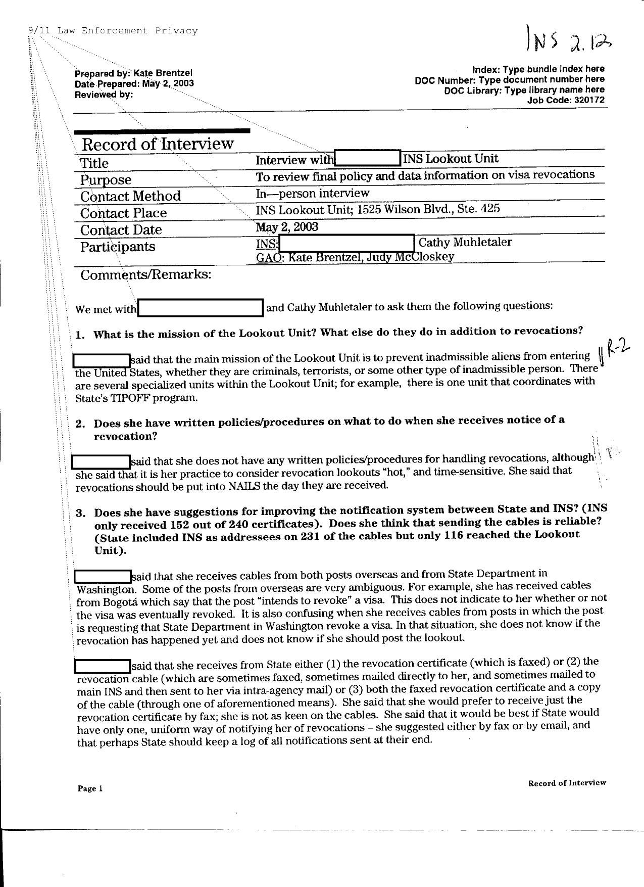 T5 B64 GAO Visa Docs 1 of 6 Fdr- 5-2-03 GAO Interview re INS Lookout Unit- Final Policy and Info on Visa Revocations 521 by Unknown