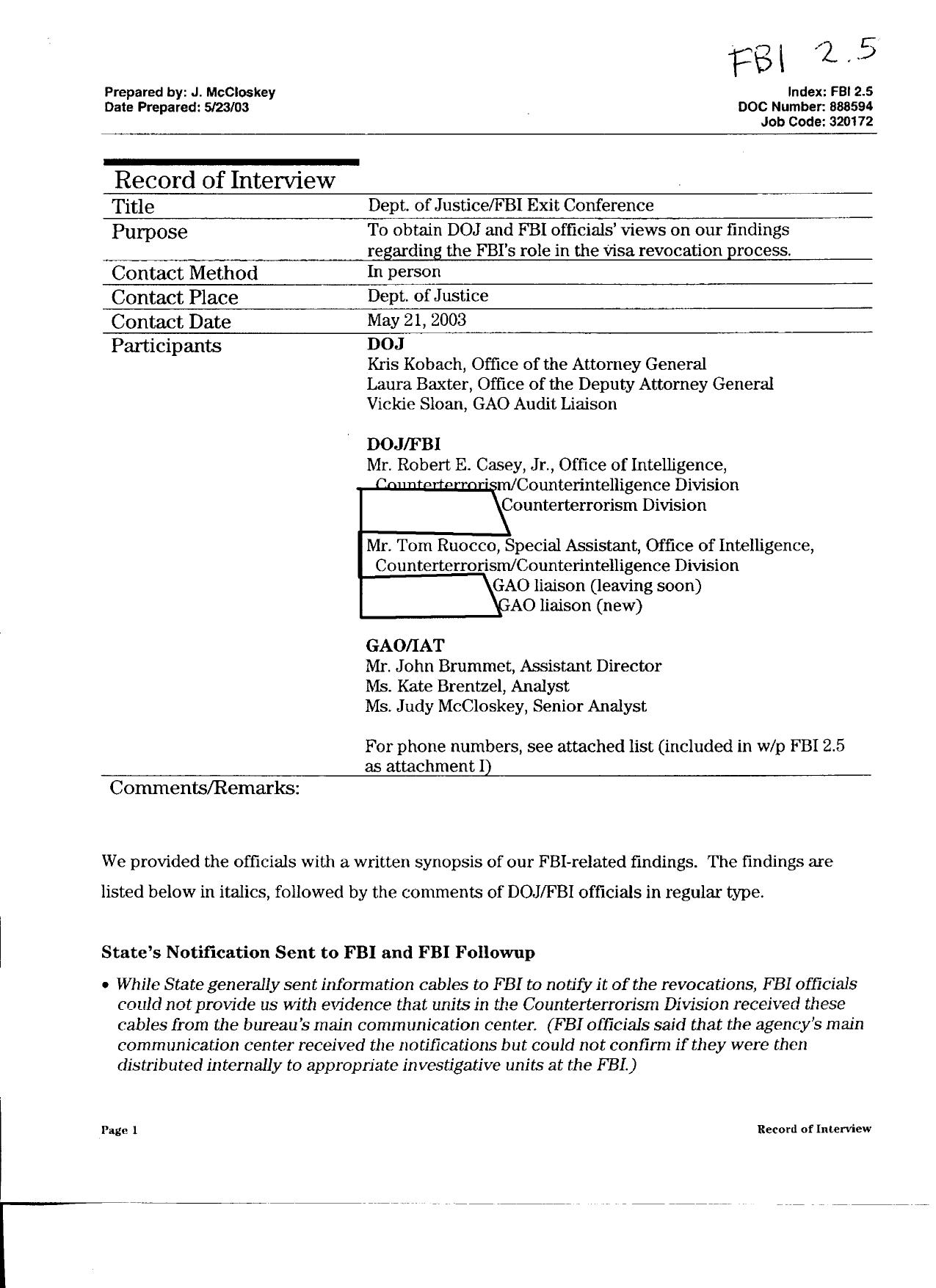 T5 B64 GAO Visa Docs 1 of 6 Fdr- 5-21-03 GAO Interview of FBI-DOJ re GAO Findings on Visa Revocation 507 by Unknown