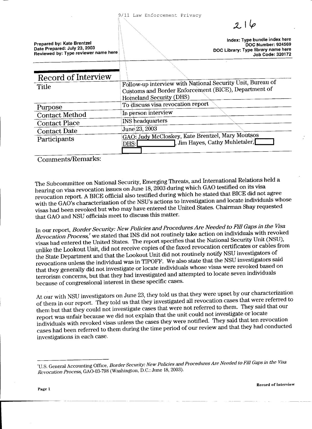 T5 B64 GAO Visa Docs 1 of 6 Fdr- 6-23-03 GAO Follow-up Interview w NSU-ICE-DHS re Visa Revocation Report 524 by Unknown