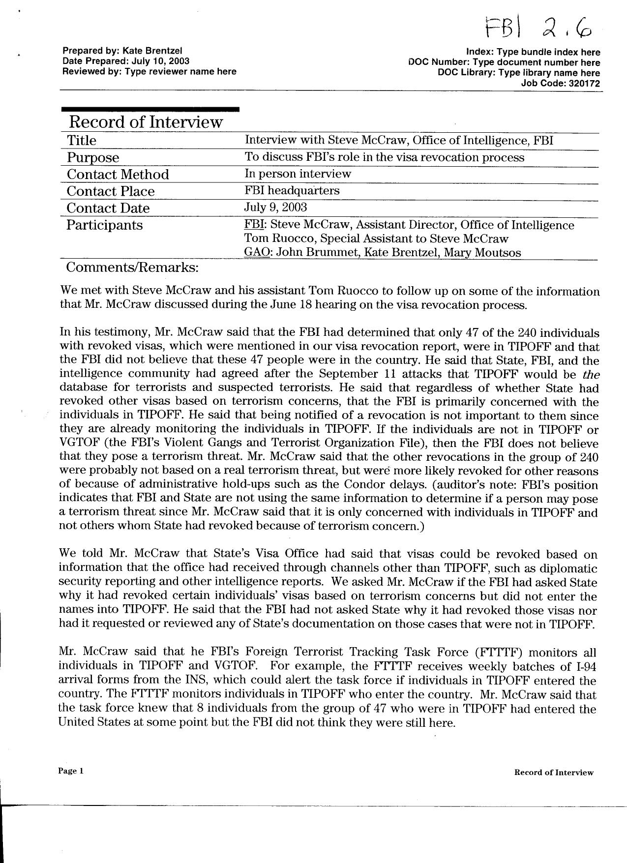 T5 B64 GAO Visa Docs 1 of 6 Fdr- 7-9-03 GAO Interview of FBI re FBI Role in Visa Revocation 508 by Unknown