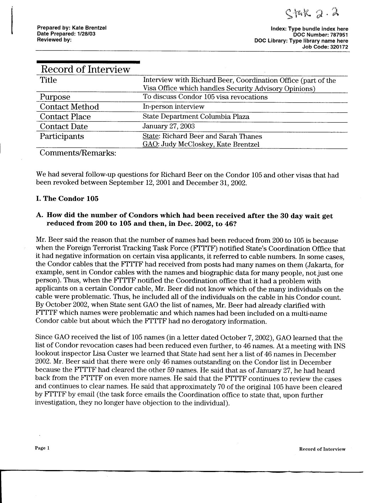 T5 B64 GAO Visa Docs 2 of 6 Fdr- 1-27-03 GAO Interview re Condor 105 Visa Revocations 584 by Unknown