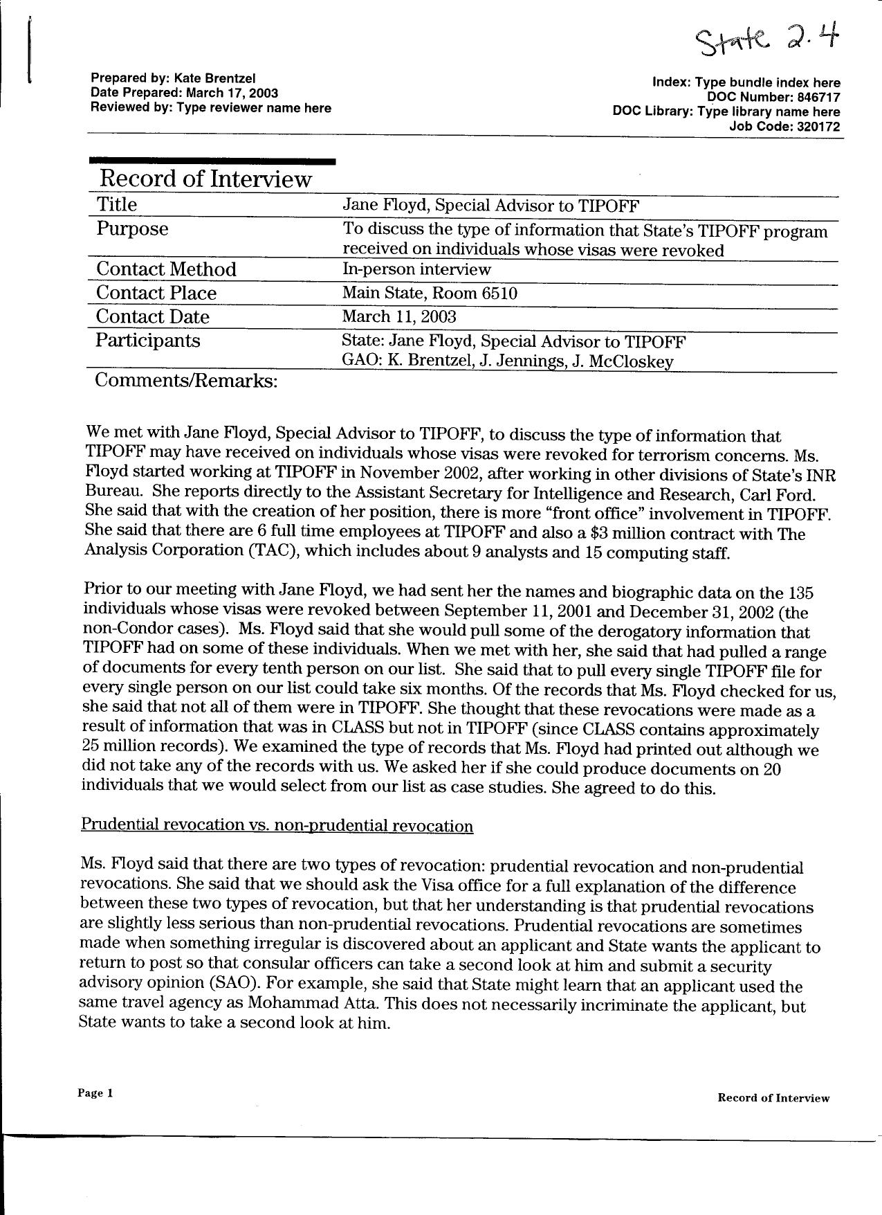 T5 B64 GAO Visa Docs 2 of 6 Fdr- 3-11-03 GAO Interview re Info TIPOFF Recieved on Visa Revocations 586 by Unknown