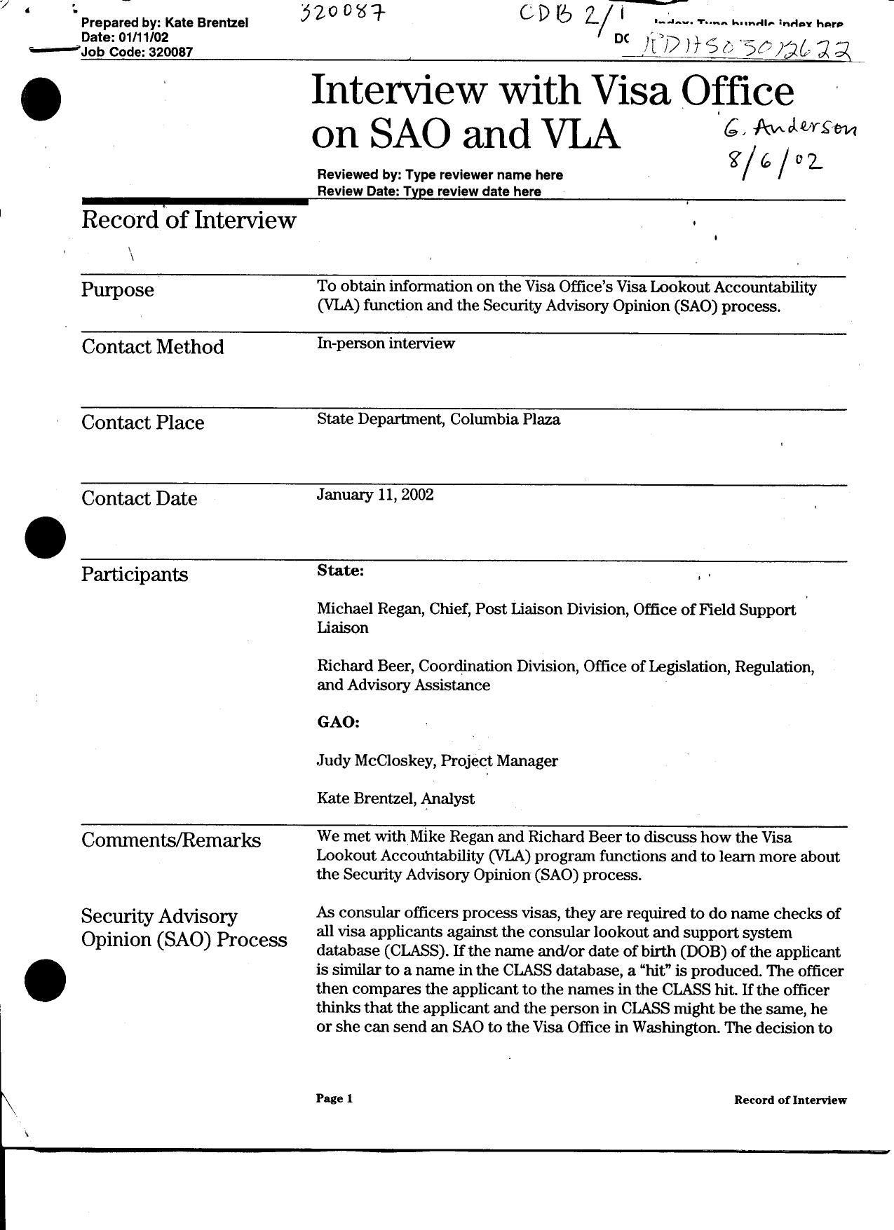 T5 B64 GAO Visa Docs 3 of 6 Fdr- 1-11-02 GAO Interview w Visa Office on SAO and VLA 562 by Unknown
