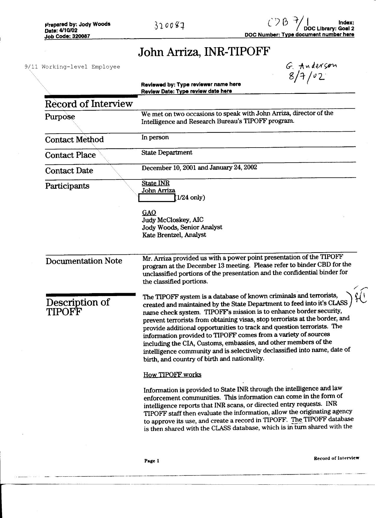 T5 B64 GAO Visa Docs 3 of 6 Fdr- 12-10-01 and 1-24-02 GAO Interviews of Arriza re IRB TIPOFF Program 576 by Unknown