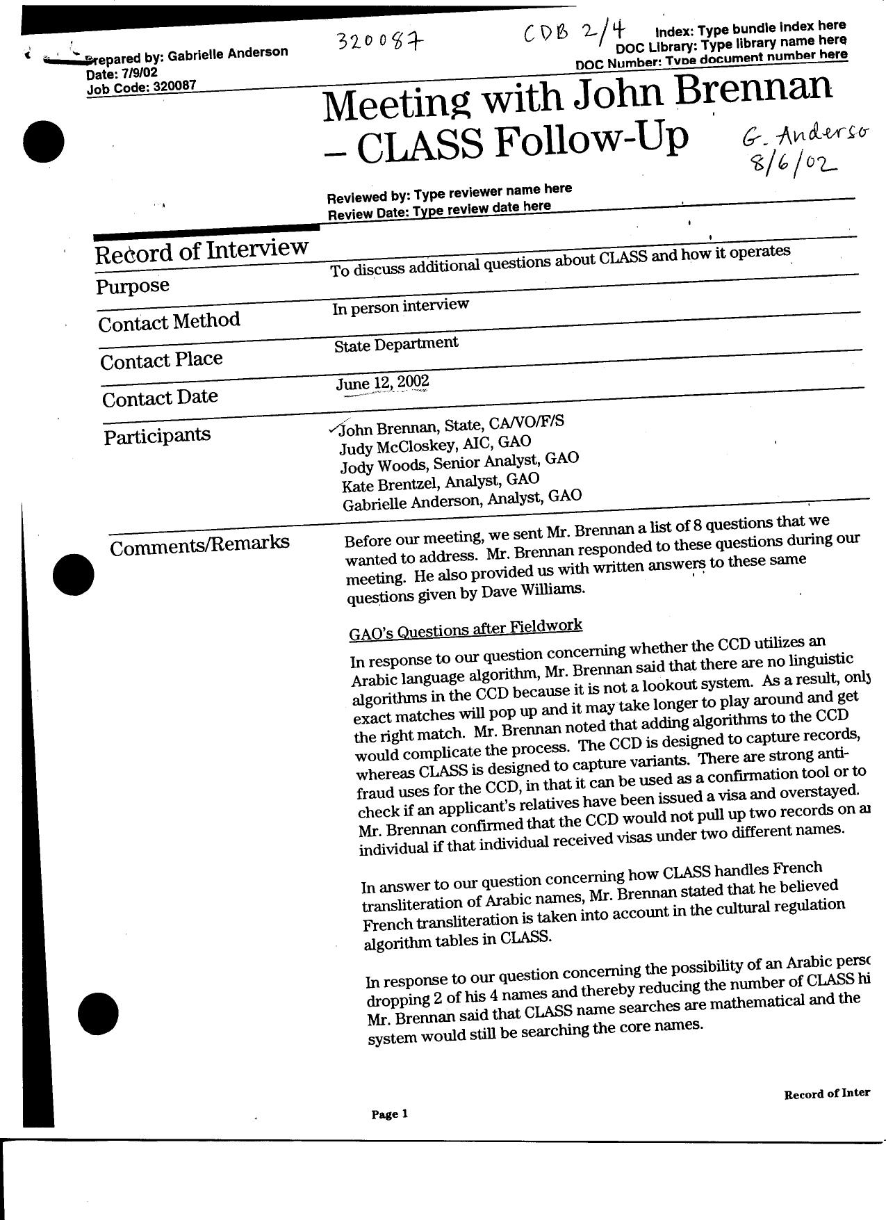 T5 B64 GAO Visa Docs 3 of 6 Fdr- 6-12-02 GAO Interview w Brennan- CLASS Follow-Up 565 by Unknown
