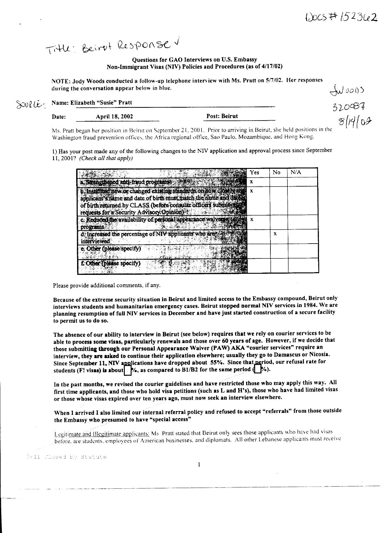 T5 B65 GAO Visa Docs 5 of 6 Fdr- 4-18-02 GAO Interview of Elizabeth Susie Pratt- Beirut Response by Unknown