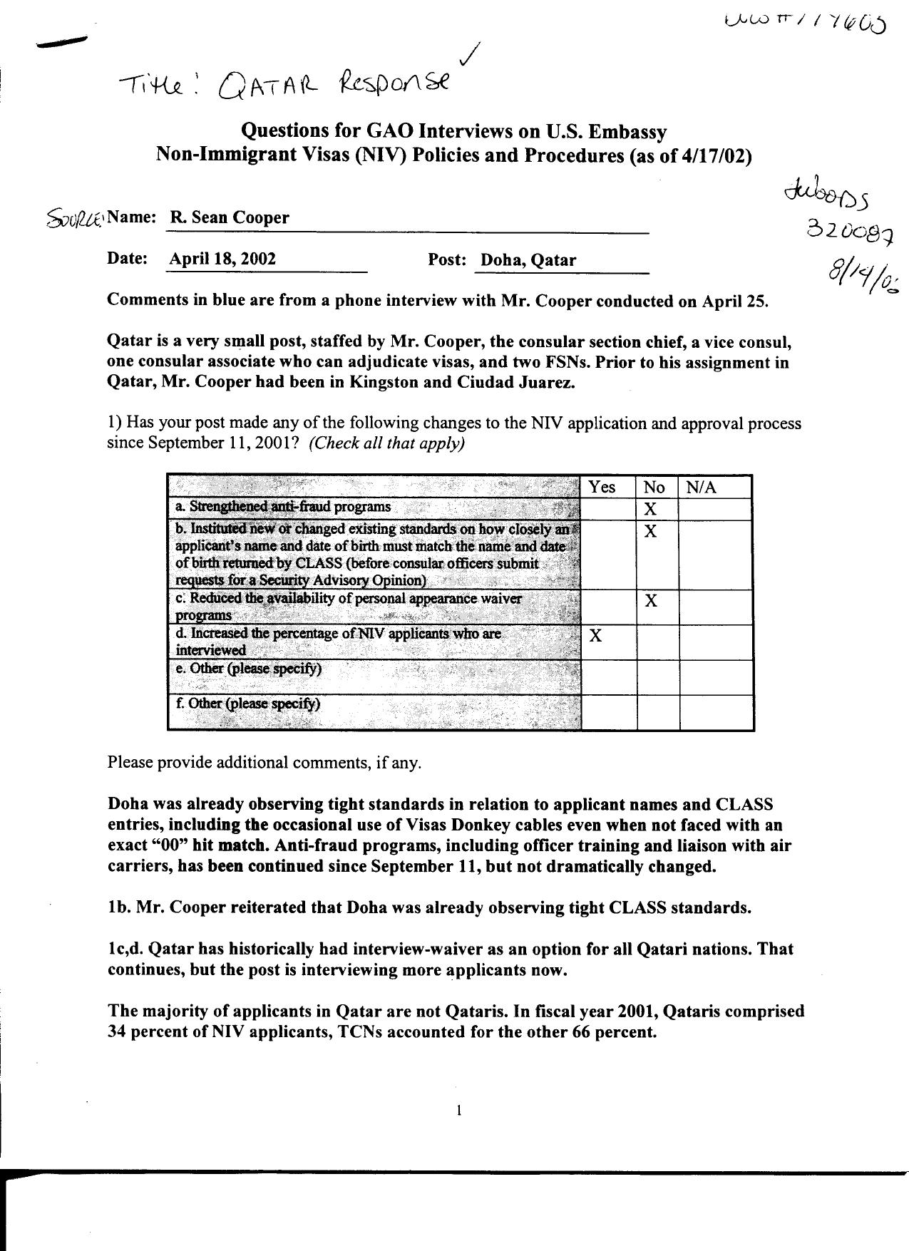 T5 B65 GAO Visa Docs 5 of 6 Fdr- 4-18-02 GAO Interview of R Sean Cooper- Qatar Response 823 by Unknown