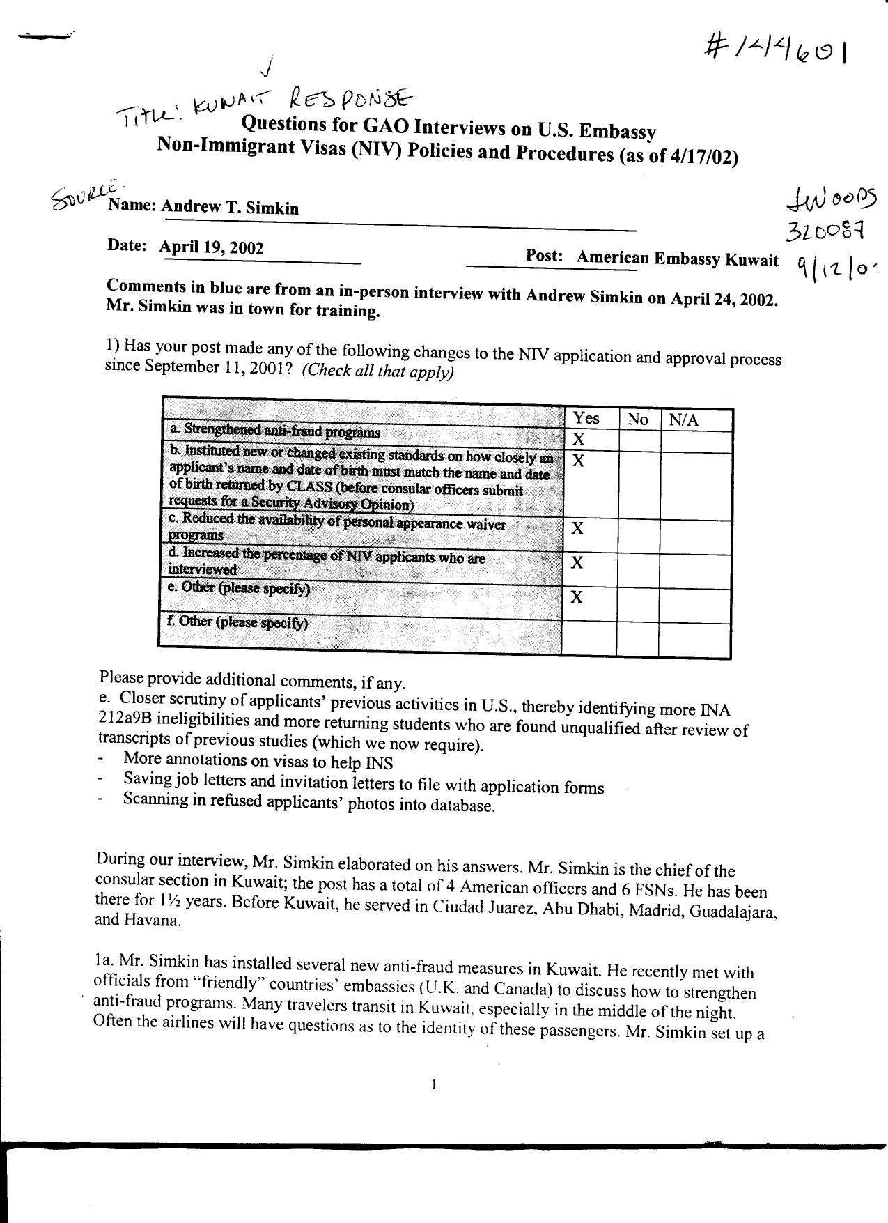 T5 B65 GAO Visa Docs 5 of 6 Fdr- 4-19-02 GAO Interview of Andrew T Simkin- Kuwait Response 821 by Unknown