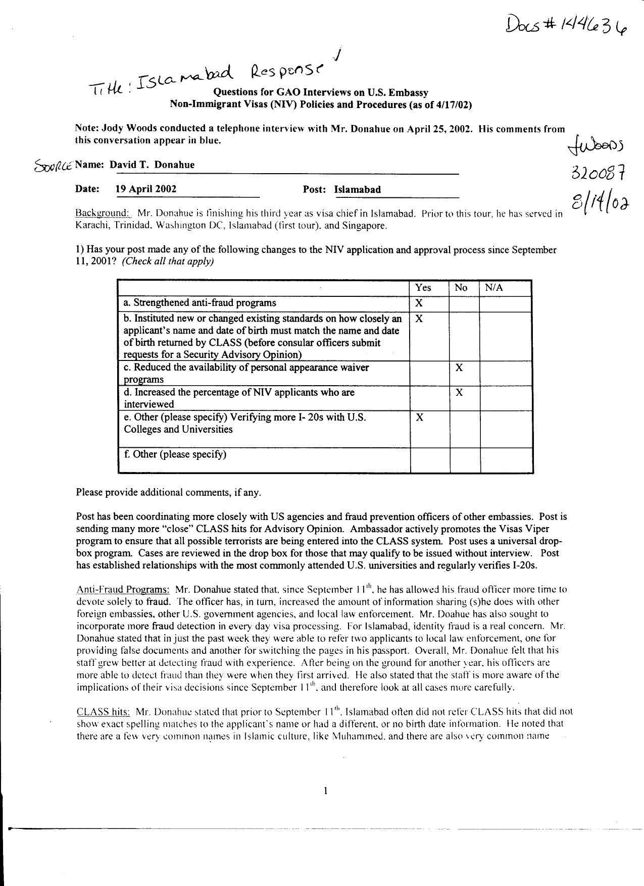 T5 B65 GAO Visa Docs 5 of 6 Fdr- 4-19-02 GAO Interview of David T Donahue- Islamabad Response 824 by Unknown