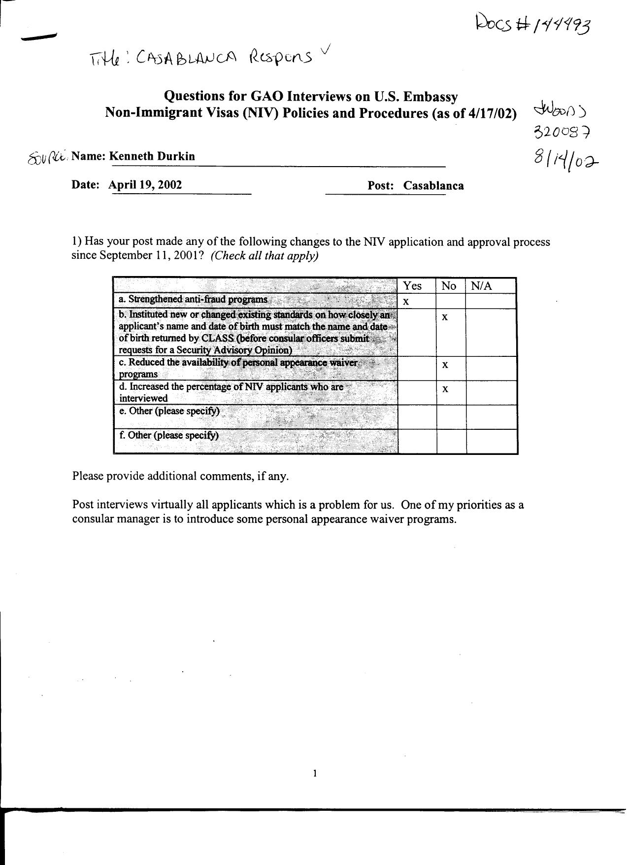 T5 B65 GAO Visa Docs 5 of 6 Fdr- 4-19-02 GAO Interview of Kenneth Durkin- Casablanca Response 818 by Unknown