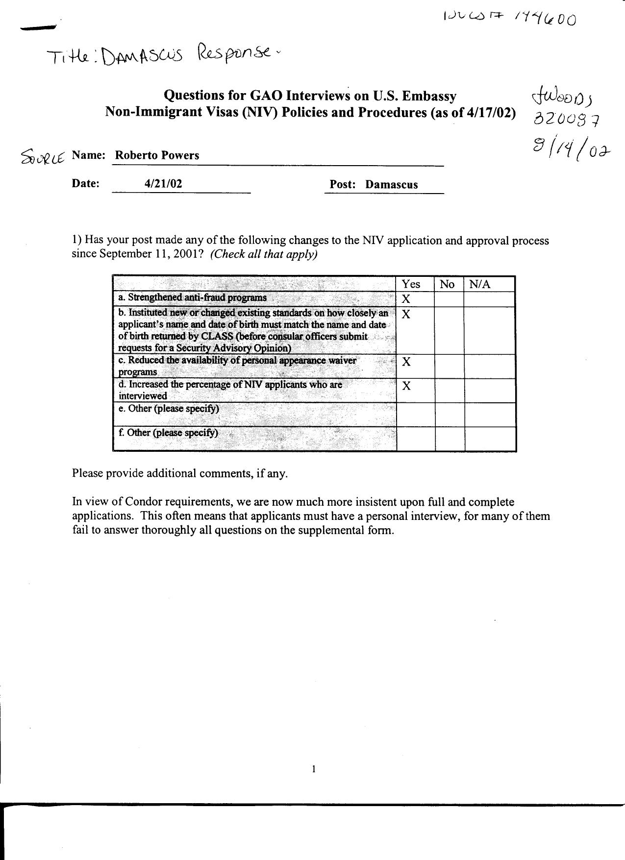 T5 B65 GAO Visa Docs 5 of 6 Fdr- 4-21-02 GAO Interview of Roberto Powers- Damascus Response 820 by Unknown