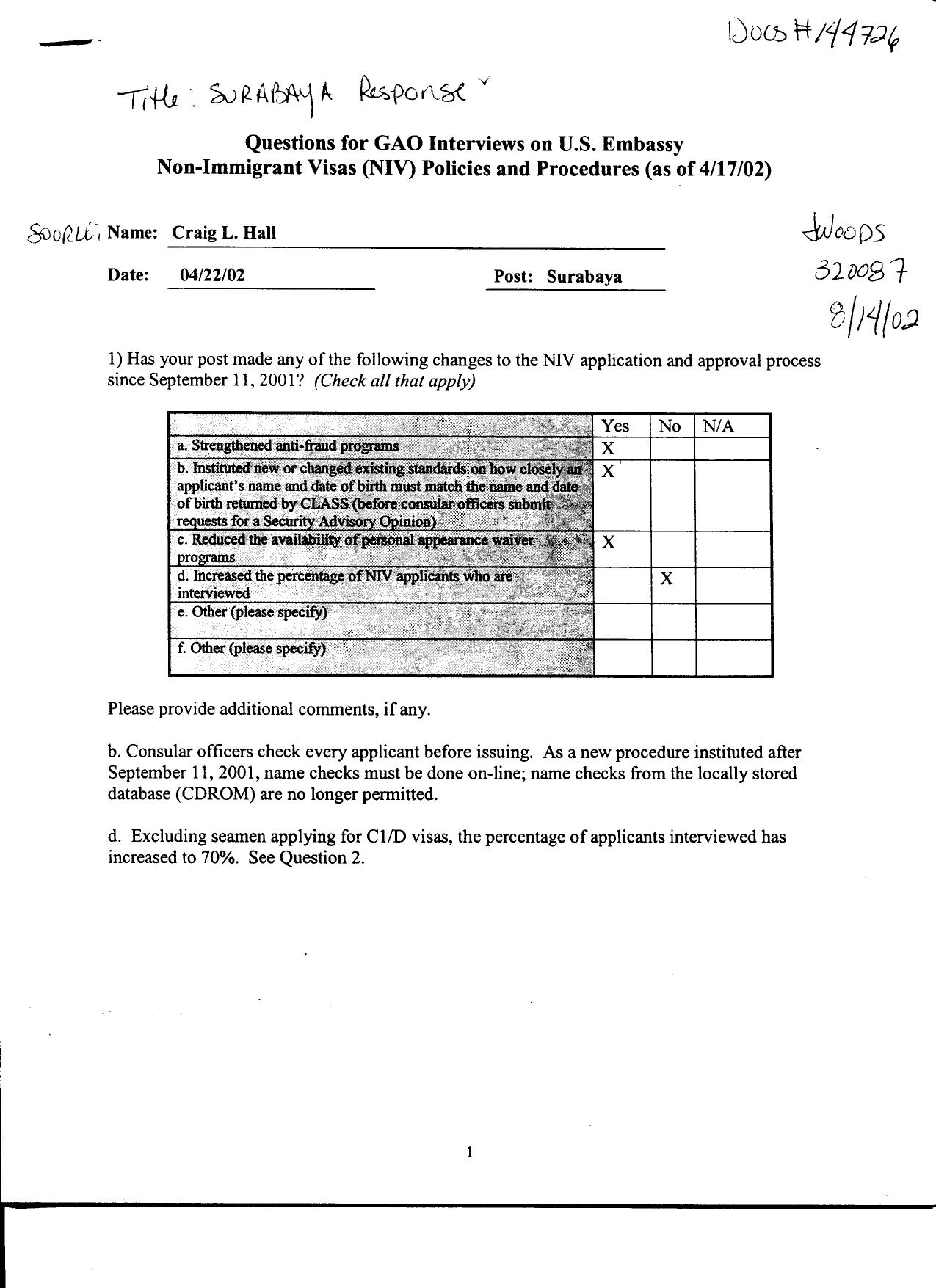 T5 B65 GAO Visa Docs 5 of 6 Fdr- 4-22-02 GAO Interview of Craig L Hall- Surabaya Response 826 by Unknown