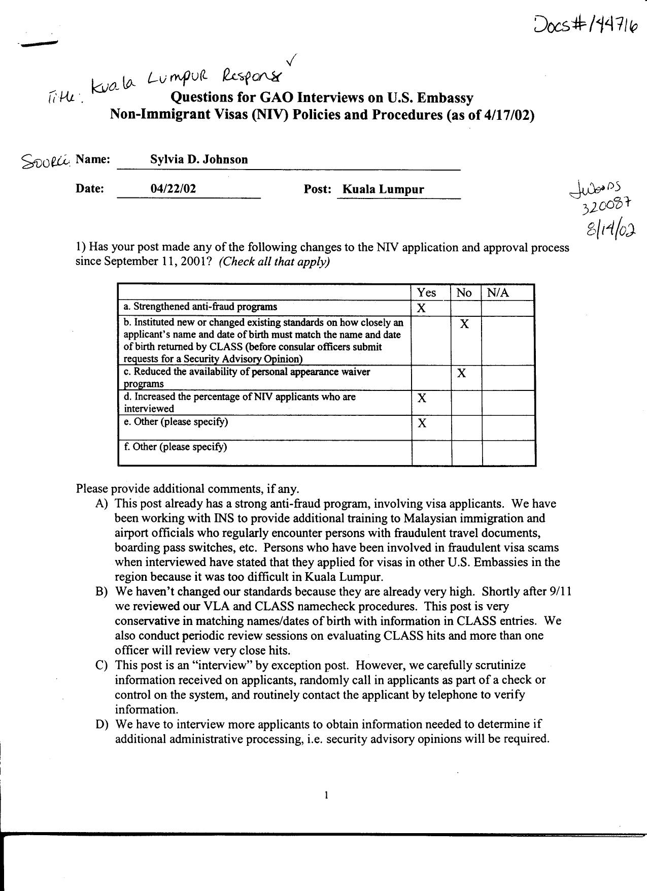 T5 B65 GAO Visa Docs 5 of 6 Fdr- 4-22-02 GAO Interview of Sylvia D Johnson- Kuala Lumpur Response 825 by Unknown