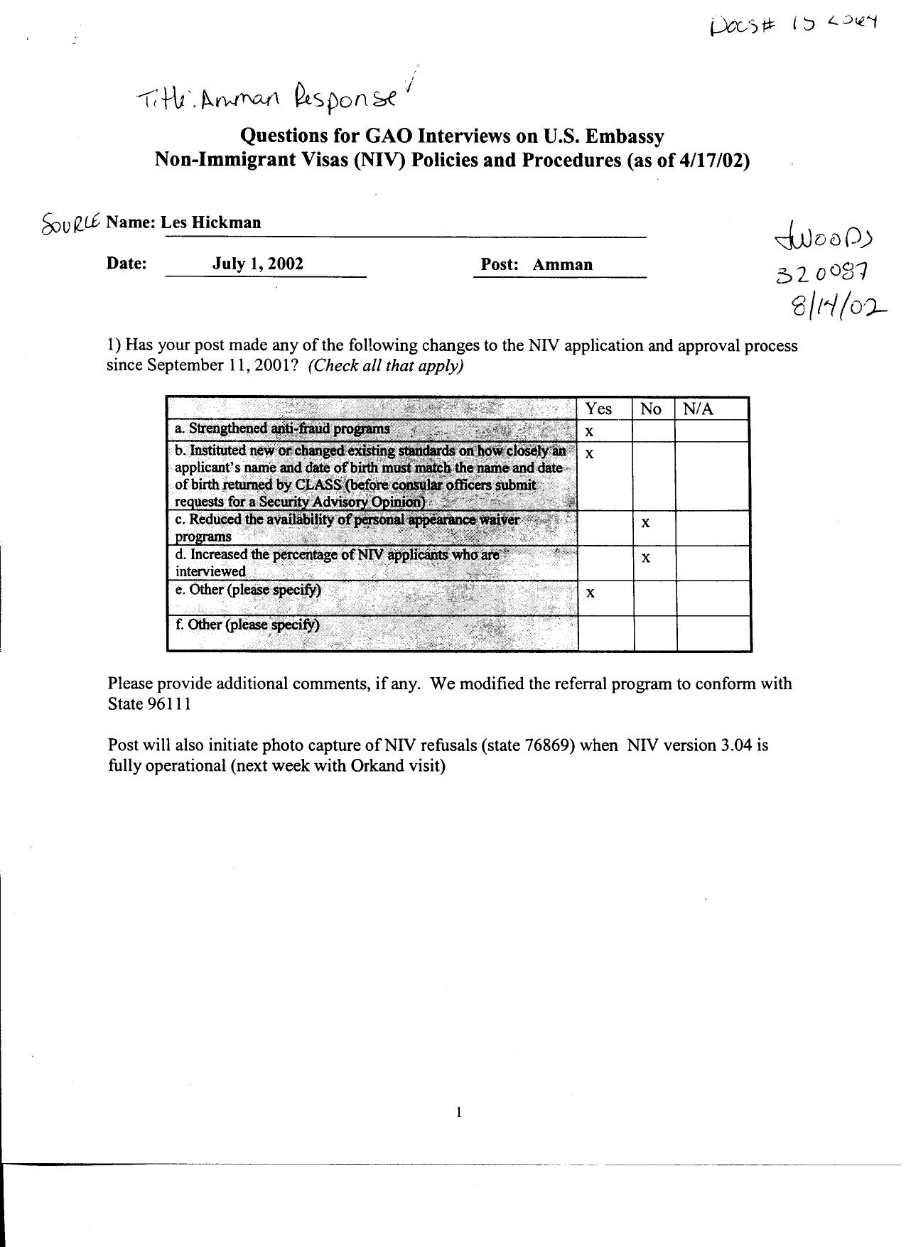 T5 B65 GAO Visa Docs 5 of 6 Fdr- 7-1-02 GAO Interview of Les Hickman- Amman by Unknown