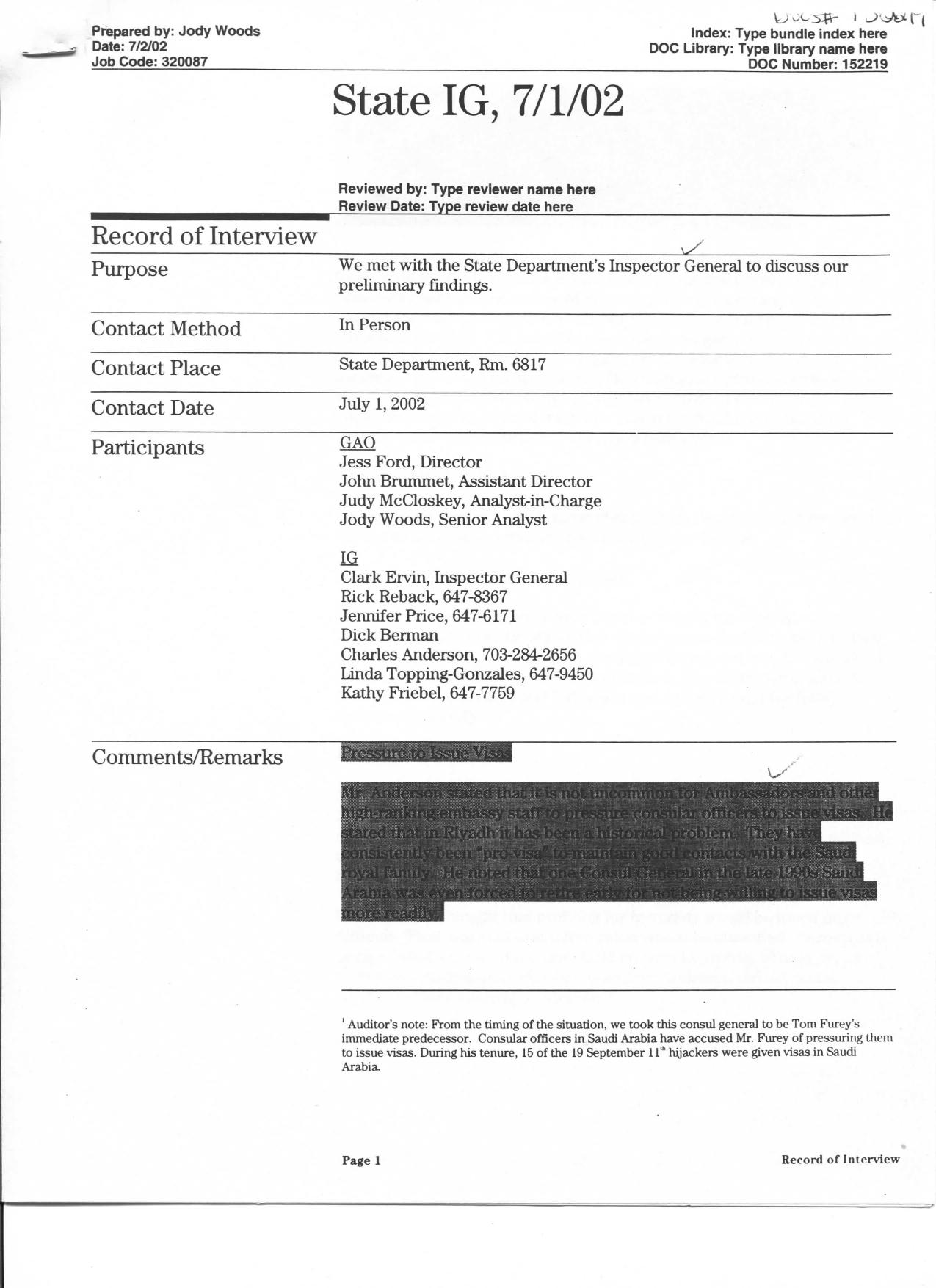 T5 B65 GAO Visa Docs 5 of 6 Fdr- 7-1-02 GAO Record of Interview w DOS IG to Discuss Findings by Unknown