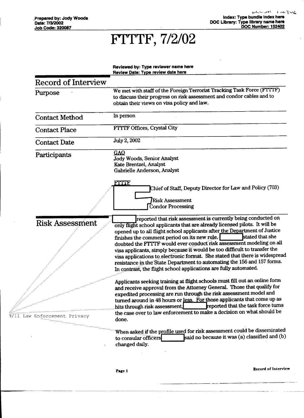 T5 B65 GAO Visa Docs 5 of 6 Fdr- 7-2-02 GAO Interview of FTTTF 805 by Unknown