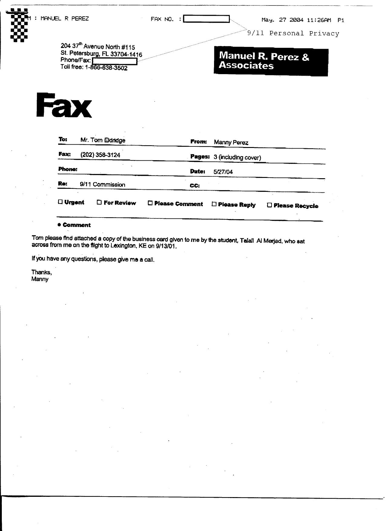T5 B70 Manny Perez Fdr- Entire Contents- Fax of Saudi Bus Card- Interview Notes 672 by Unknown
