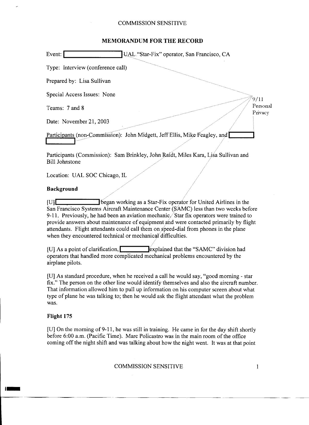 T7 B10 Team 7 MFRs 9-11 Personal Privacy Fdr (L)- 11-21-03 Star-Fix Operator 1 Interview w Notes on MFR 397 by Unknown