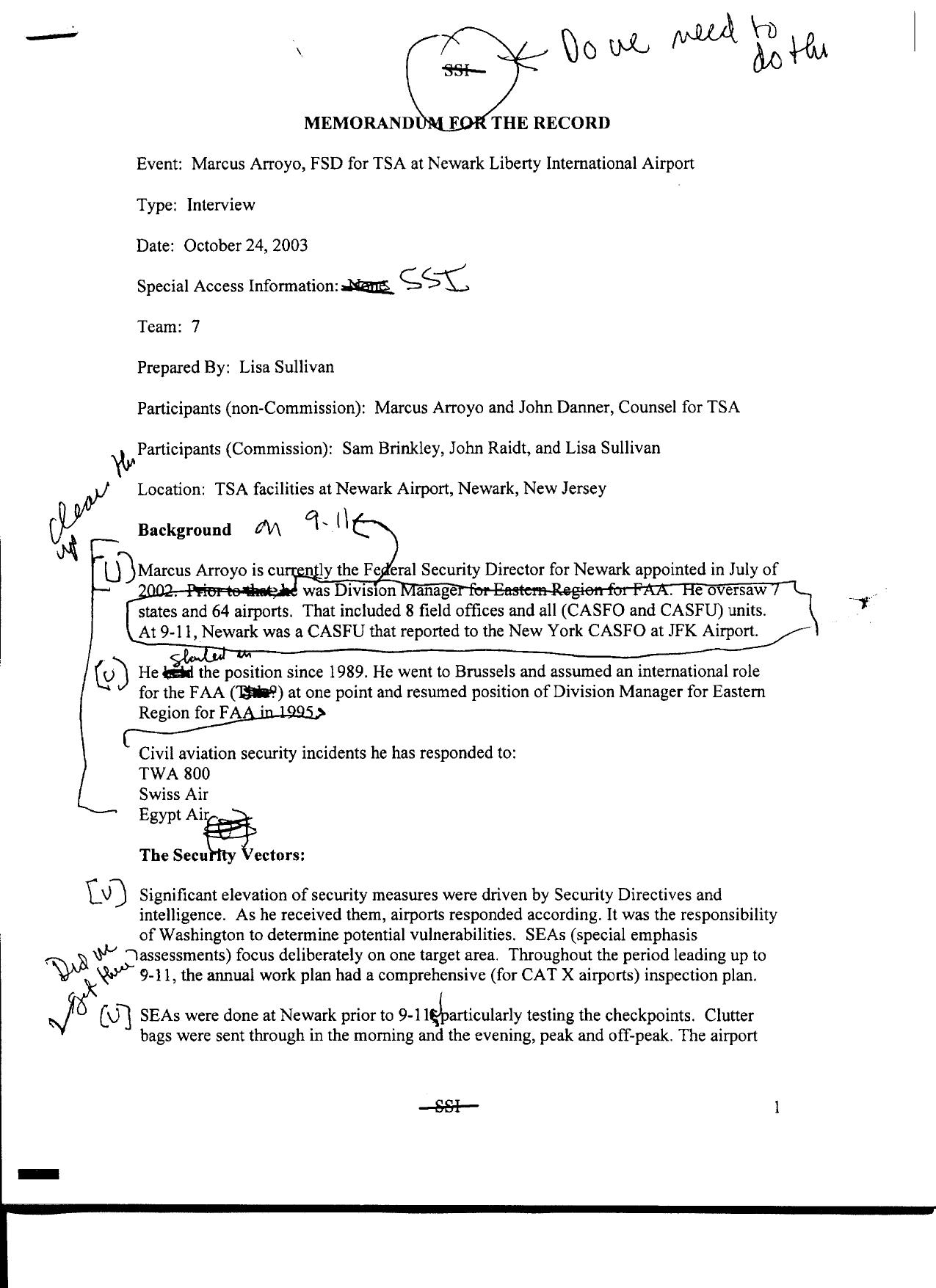 T7 B10 Team 7 MFRs Arroyo Fdr- 10-24-03 Marcus Arroyo Interview w Notes on MFR 374 by Unknown