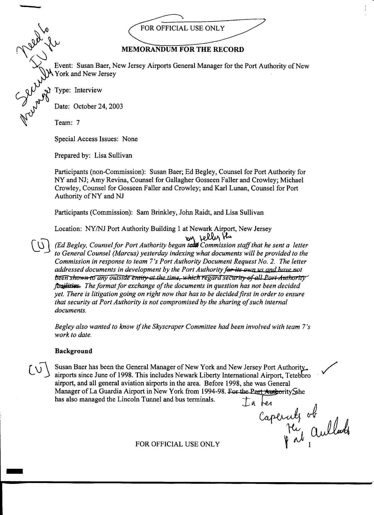 T7 B10 Team 7 MFRs Arroyo Fdr- 10-24-03 Susan Baer Interview w Notes on MFR 375 by Unknown