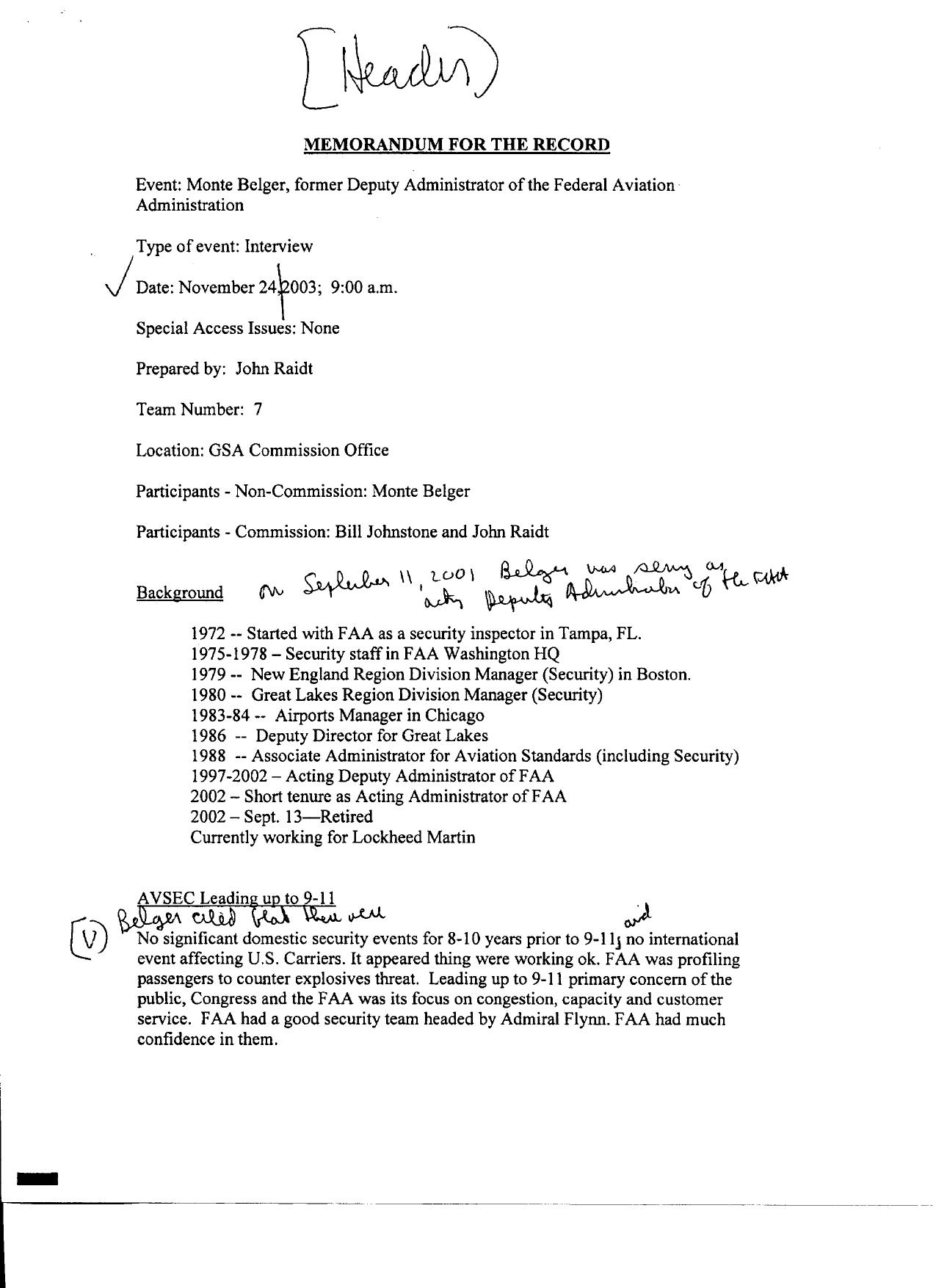 T7 B10 Team 7 MFRs Belger Fdr- 11-24-03 Monte Belger Interview w Notes on MFR and a redacted name by Unknown
