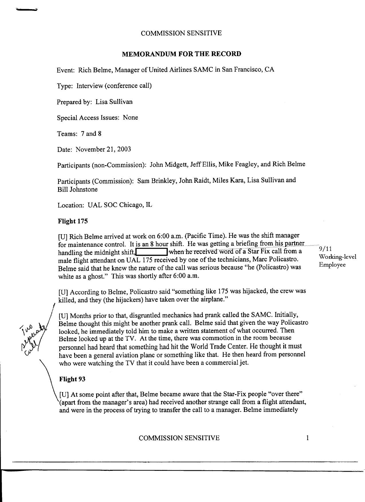 T7 B10 Team 7 MFRs Belme Fdr- 11-21-03 Rich Belme Interview w Notes on MFR by Unknown