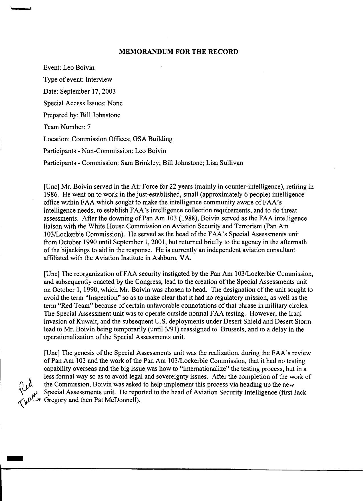 T7 B10 Team 7 MFRs Boivin Fdr- 9-17-03 Leo Boivin Interview w Notes on MFR by Unknown