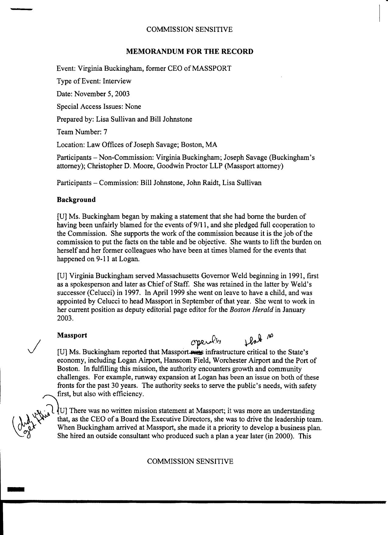 T7 B10 Team 7 MFRs Buckingham Fdr- 11-5-03 Virginia Buckingham Interview w Notes on MFR 379 by Unknown