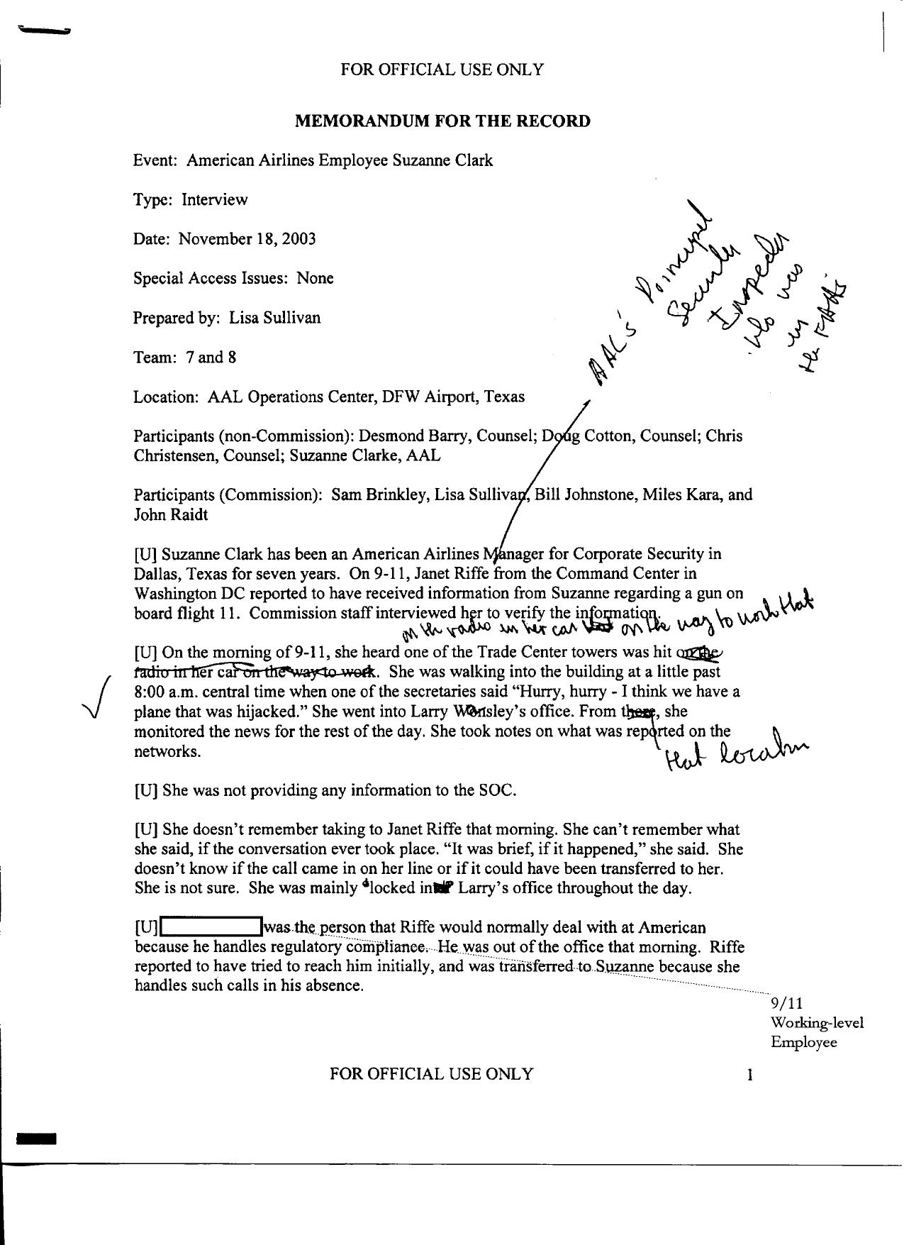 T7 B10 Team 7 MFRs Clark Fdr- 11-18-03 Suzanne Clark Interview w Notes on MFR 382 by Unknown