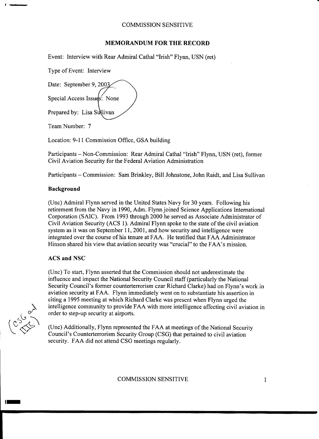 T7 B10 Team 7 MFRs Flynn Fdr- 9-9-03 Cathal Irish Flynn Interview w Notes on MFR 385 by Unknown