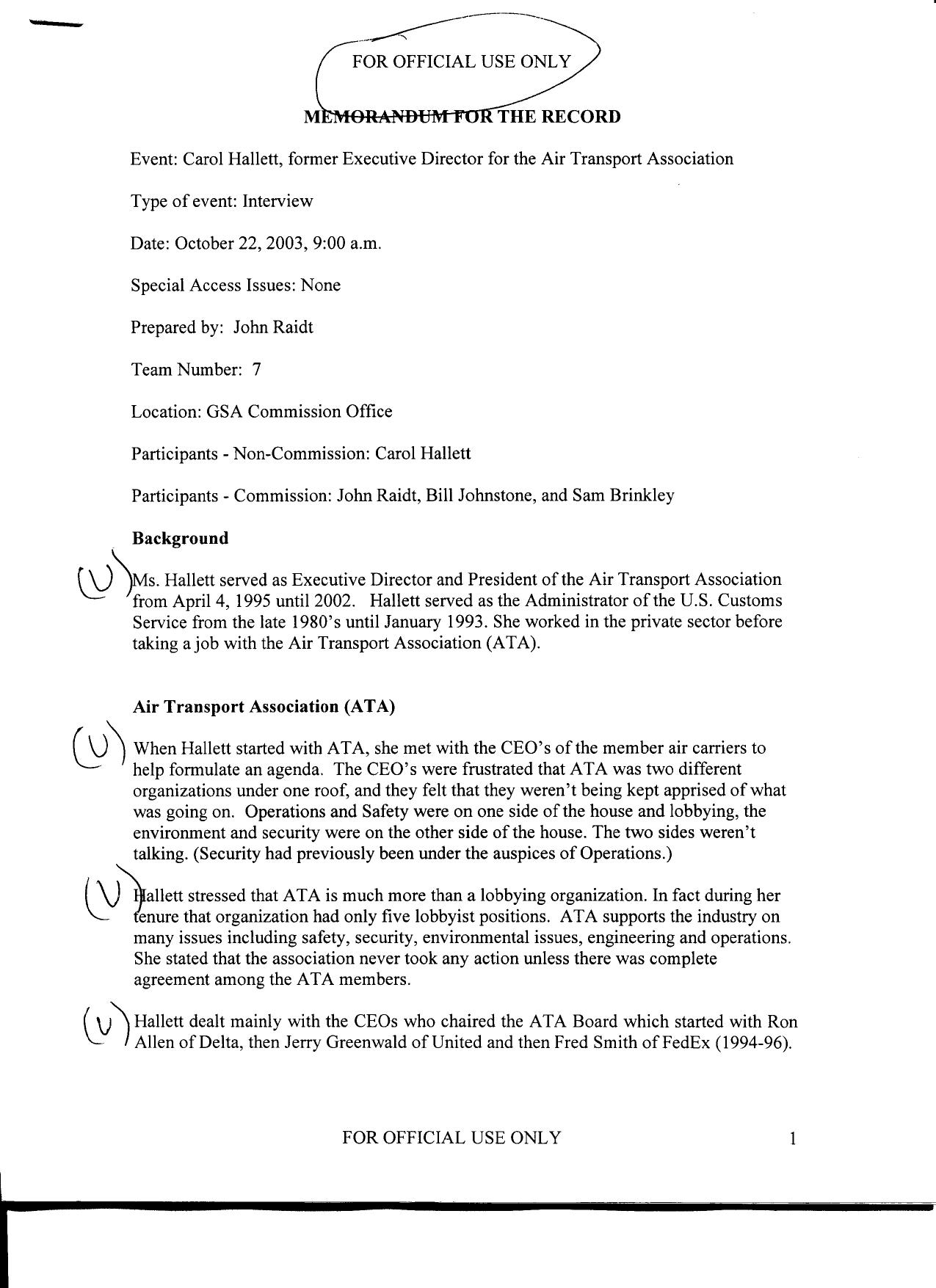 T7 B10 Team 7 MFRs Hallett Fdr- 10-22-03 Carol Hallett Interview w Notes on MFR by Unknown