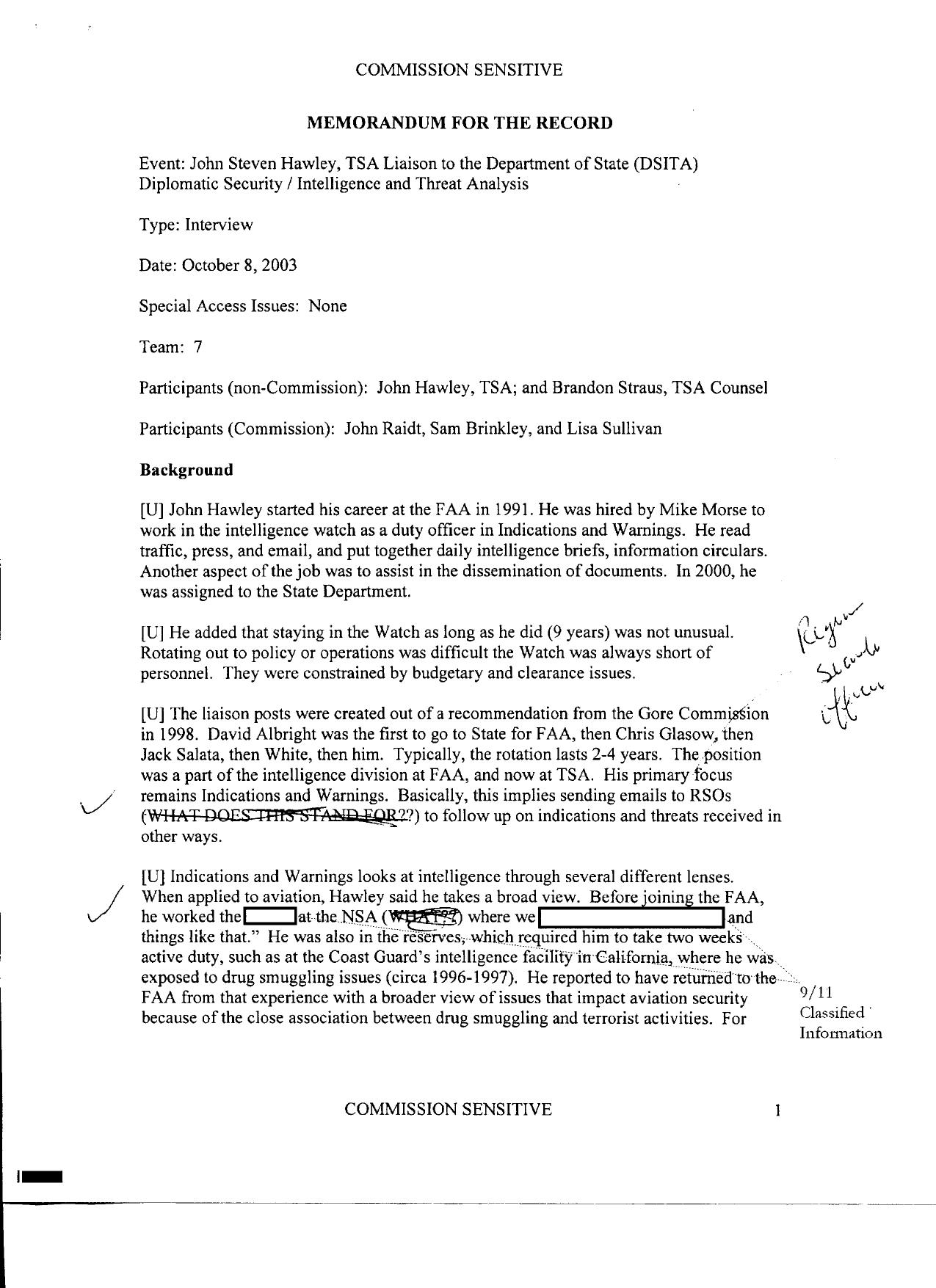 T7 B10 Team 7 MFRs Hawley Fdr- 10-8-03 John Steven Hawley Interview w Notes on MFR by Unknown