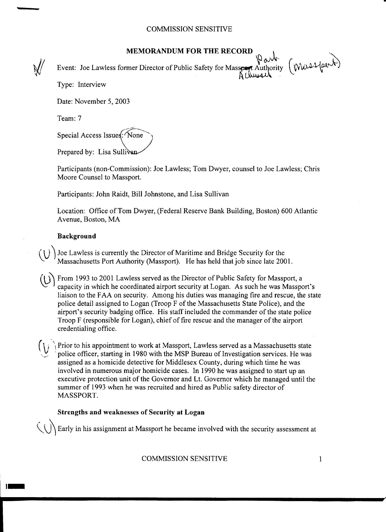 T7 B10 Team 7 MFRs Lawless Fdr- 11-5-03 Joe Lawless Interview w Notes on MFR 394 by Unknown