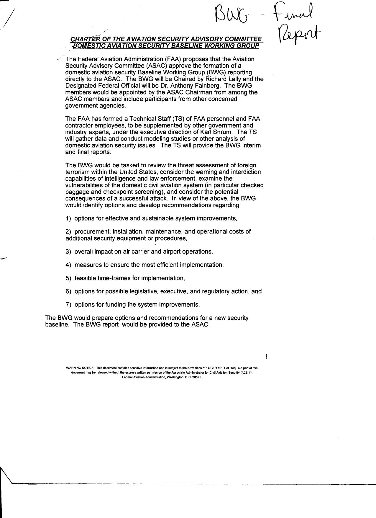 T7 B16 Baseline Working Group Fdr- Entire Contents- Charter of the Aviation Security Advisory Committee Domestic Av Sec BWG (1st pgs for ref) by Unknown