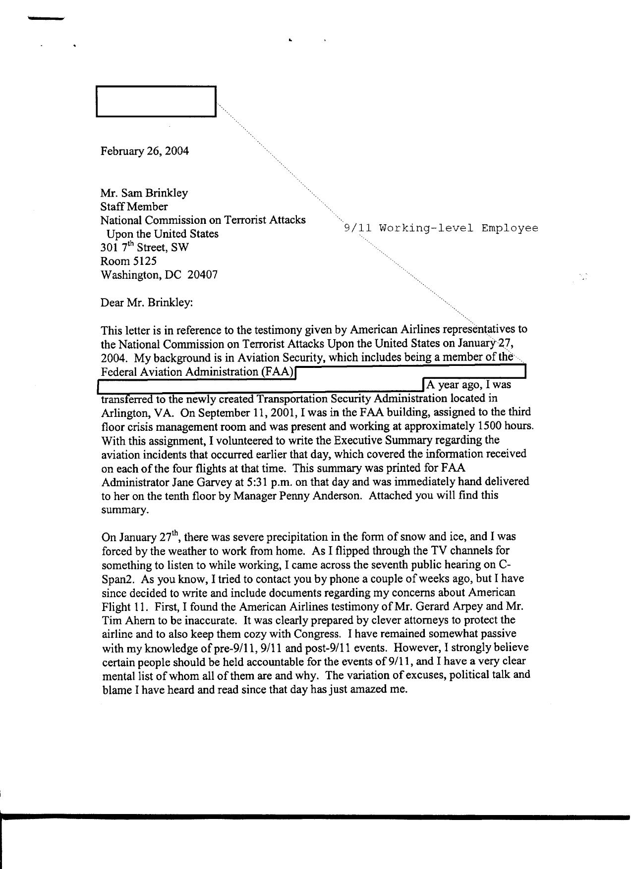 T7 B16 Flight 11 Gun Story Fdr- Letter- Author of Exec Summary re AA 11 Shooting Story plus Exec Summary (LA Times-ABC re Sweeney- not scnd) by Unknown