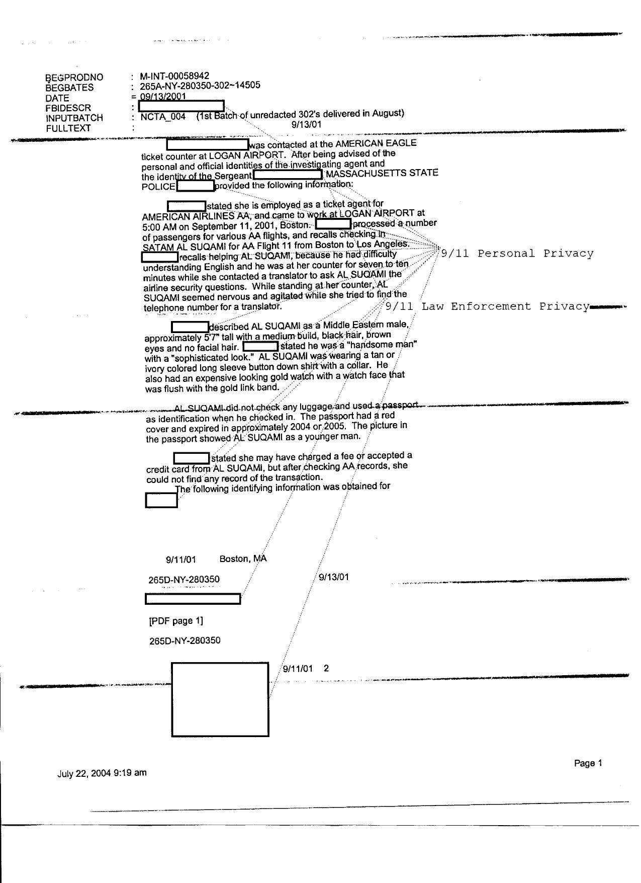 T7 B17 Screeners 9-11 and Check-in Fdr- FBI 302s- Screener and Check-in Interviews by Unknown