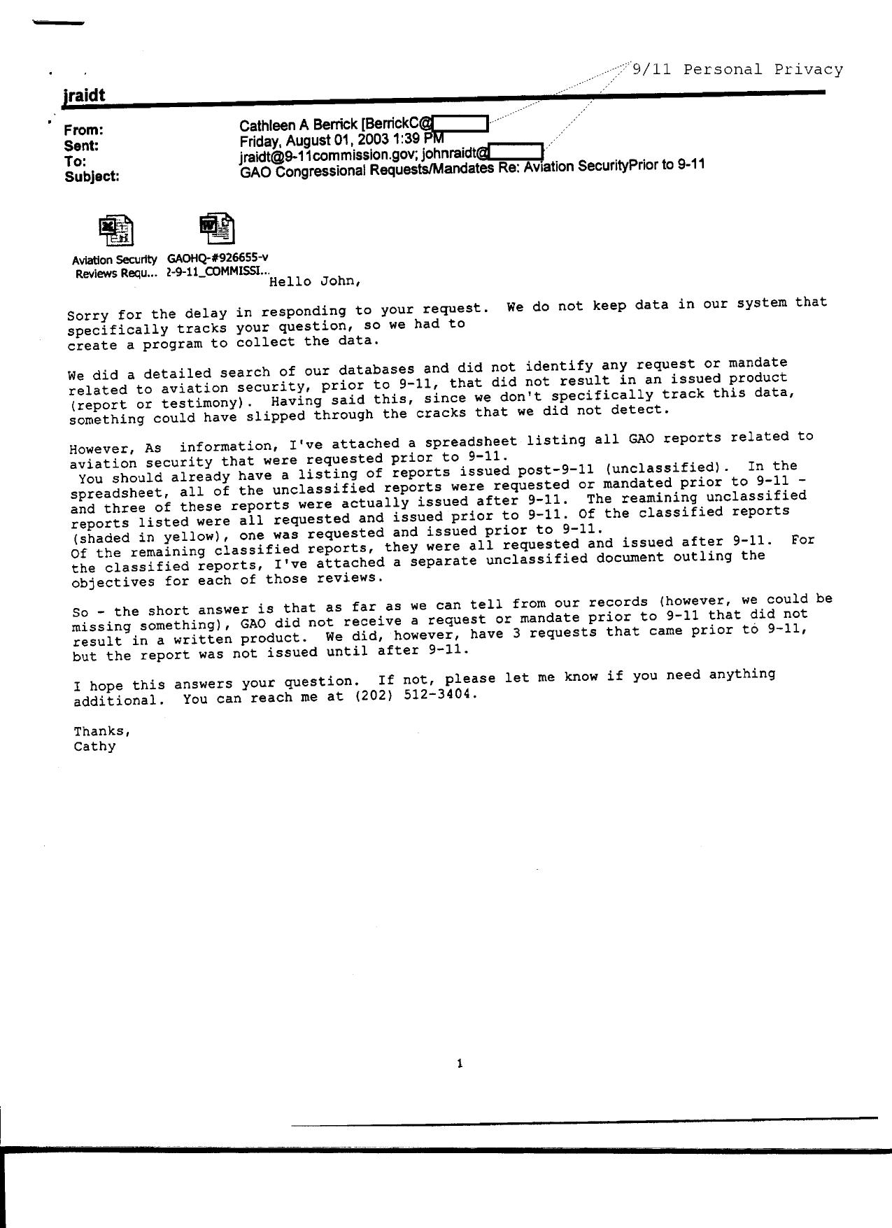 T7 B18 Congress and AVSEC 107th Fdr- Email and Info from Berrick re GAO Congressional Requests-Mandates re Aviation Security Prior to 9-11 525 by Unknown