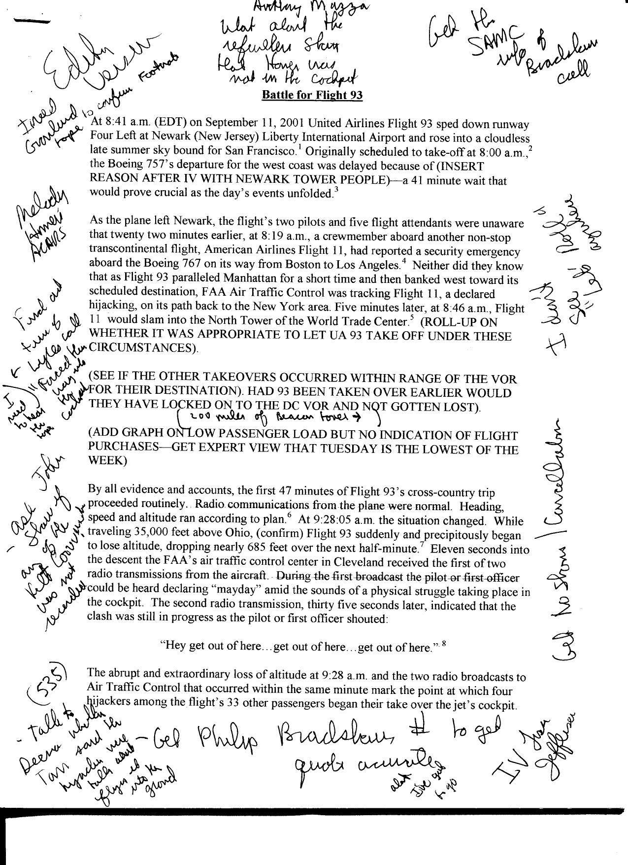 T7 B18 Flight 93 Battle Story Fdr- Entire Contents- 3 Drafts w Handwritten Notes 523 by Unknown