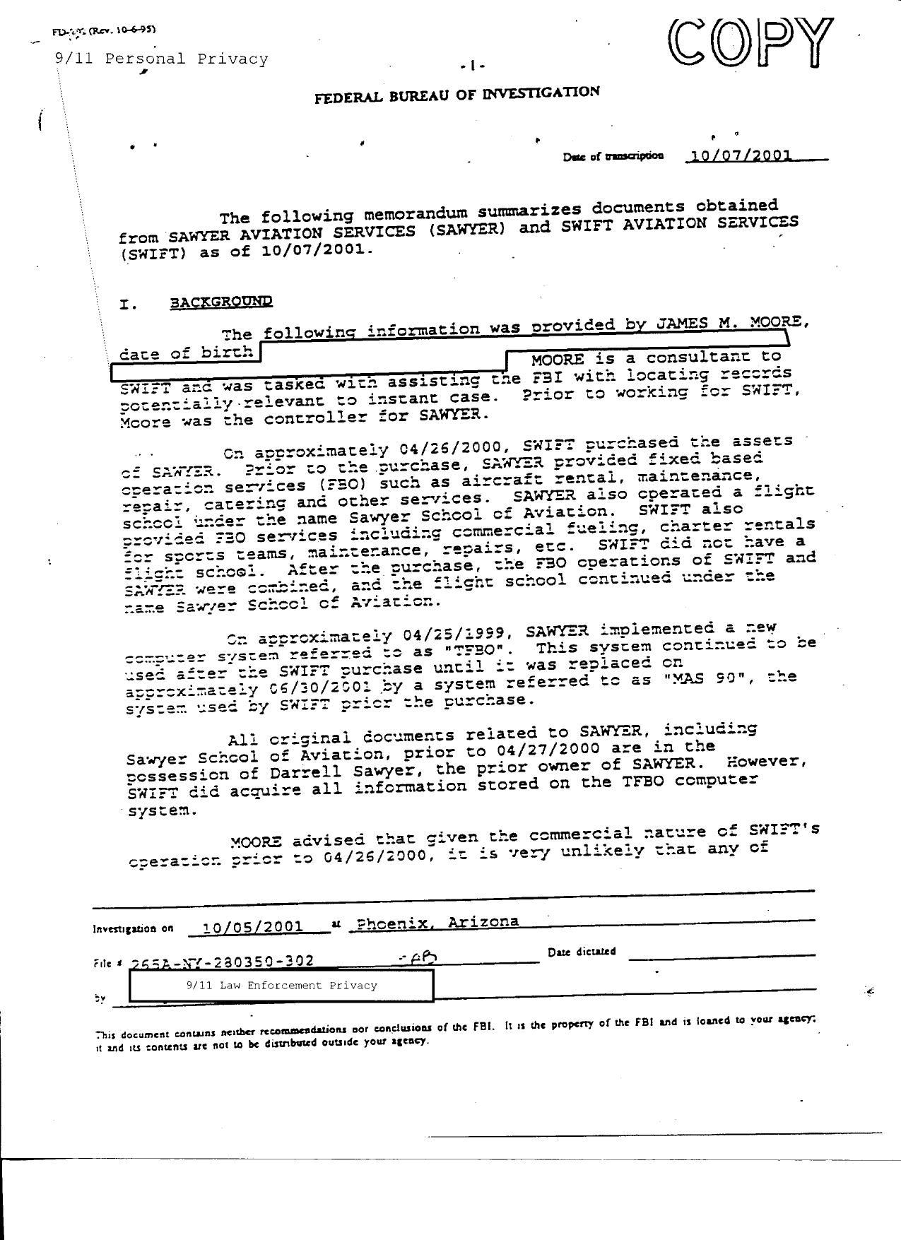 T7 B21 Hijacker Pilot Training Fdr- 10-7-01 FBI Memo re Sawyer Aviation and Swift Aviation 288 by Unknown