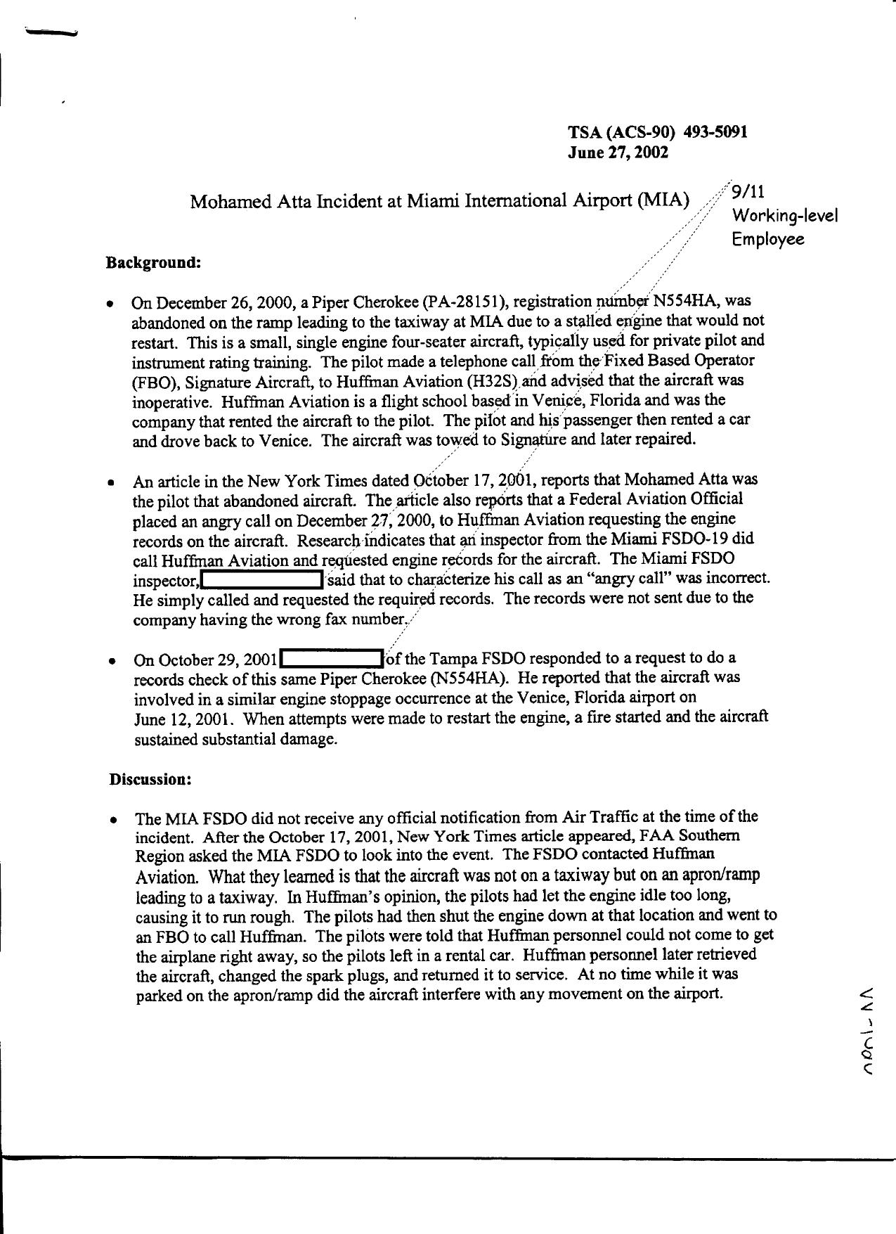 T7 B6 TSA Materials re Joint Inquiry Fdr- 6-27-02 Memo- Mohamed Atta Incident at Miami International Airport 375 by Unknown