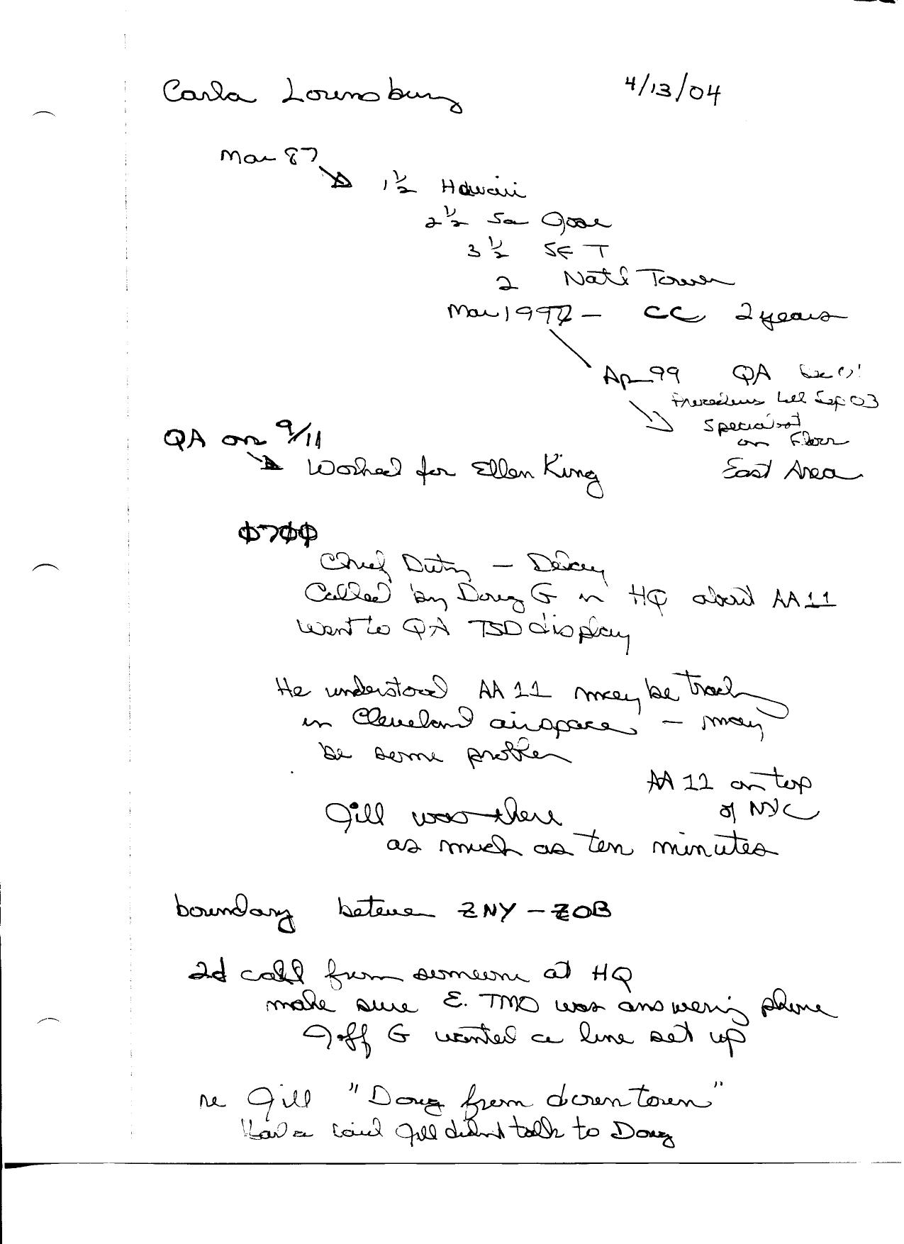 T8 B1 FAA Command Center Carla Lounsbury Fdr- 4-13-04 Interview- Handwritten Notes by Unknown